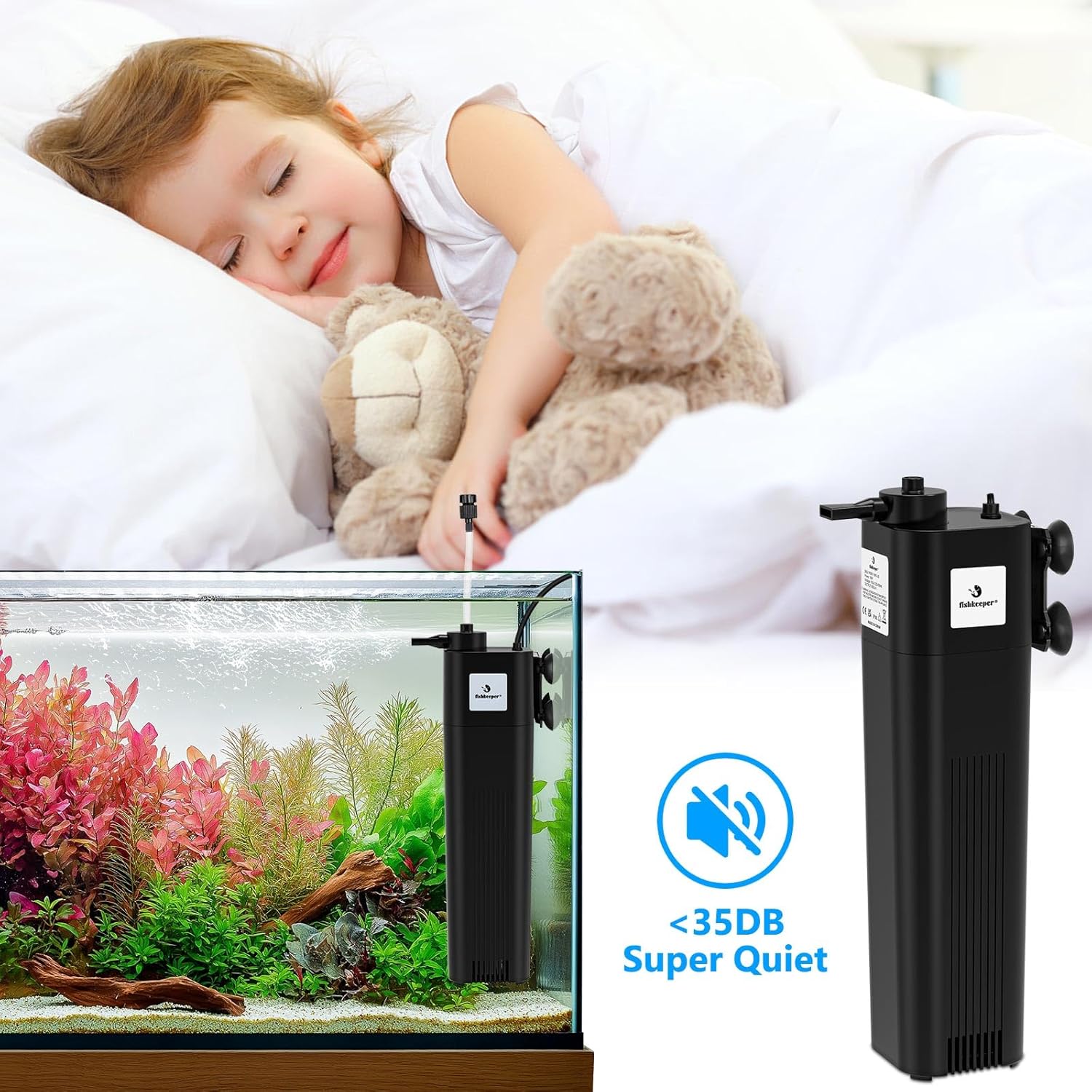 fishkeeper Aquarium Filter U-V for 40-150 Gallon, 211 GPH Fish Tank Filter for Green Water and Algae Clean, Ultra Silent Submersible Pump Filter with Adjustable Bubble Output for Deodorization Killing
