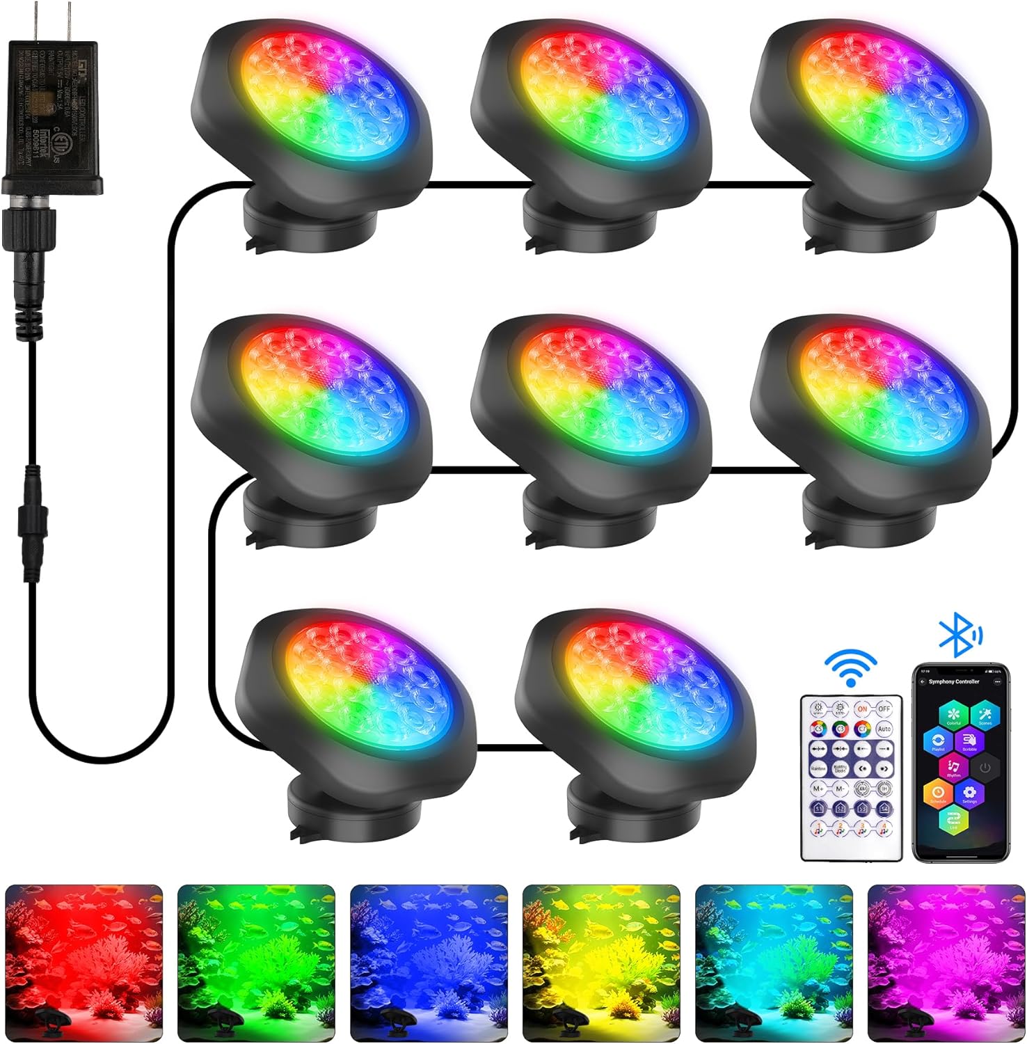 T-SUN Pond Lights LED Underwater – IP68 Waterproof Bluetooth App & Remote Submersible Fountain Lights with 16 Million Colors Dimmable Timer for Outdoor Koi Pond Garden Waterfall Aquarium(Set of 8)