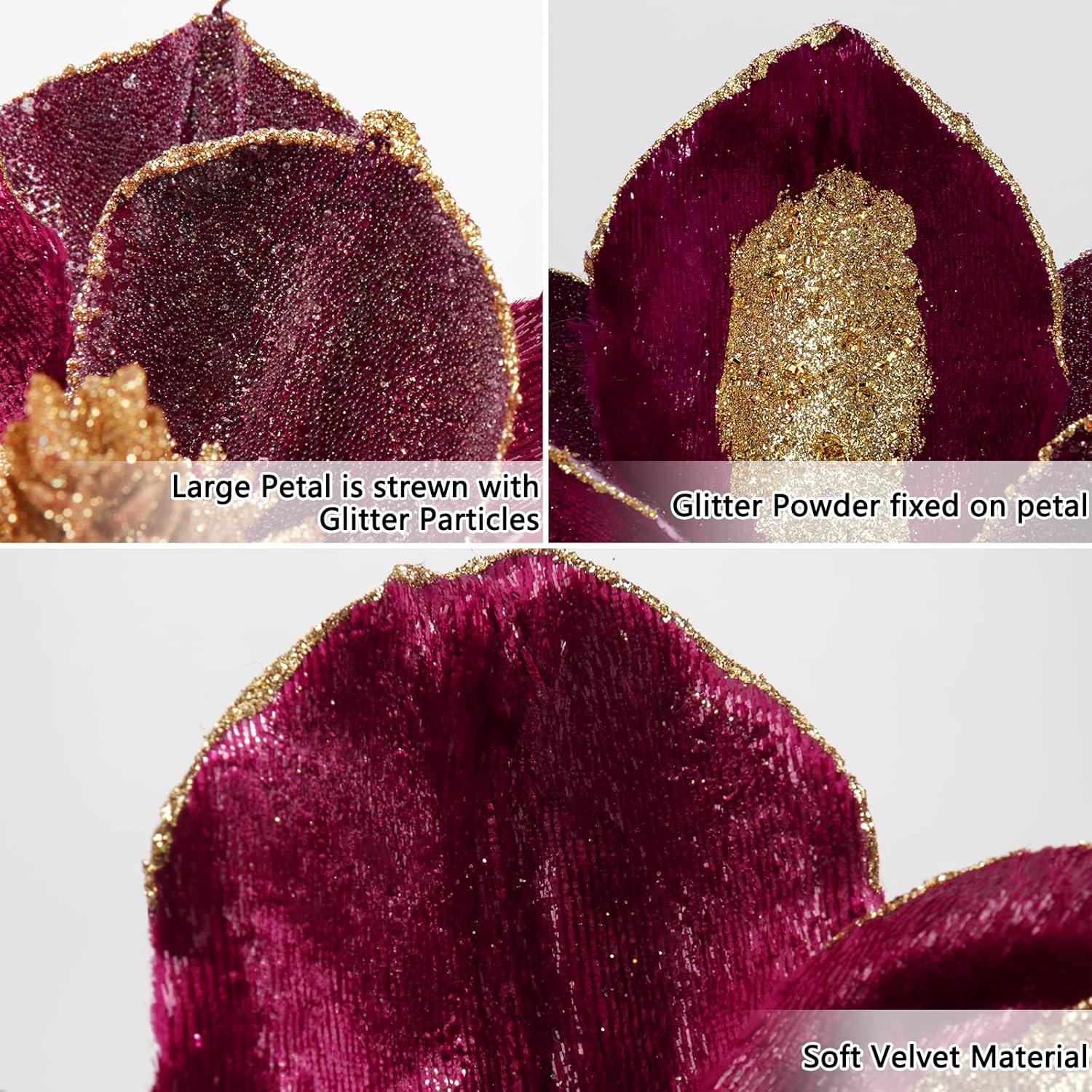 Briful 10’’ Large Heads Christmas Glitter Magnolia Flowers Christmas Tree Ornaments Set of 3 Artificial Flowers with Picks Stems for Xmas Tree Holiday Decorations, Burgundy
