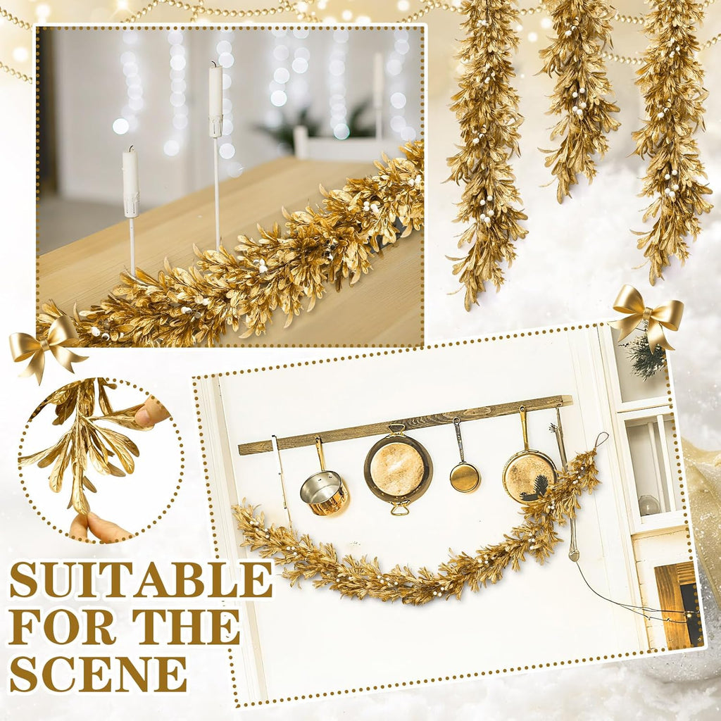 Dingion 12ft Christmas Gold Boxwood Leaf Garland Artificial Leaf Garland with Pearl White Berry for Christmas Fireplace Front Door Stairs Decoration Winter Engagement Birthday Wedding Party Supplies