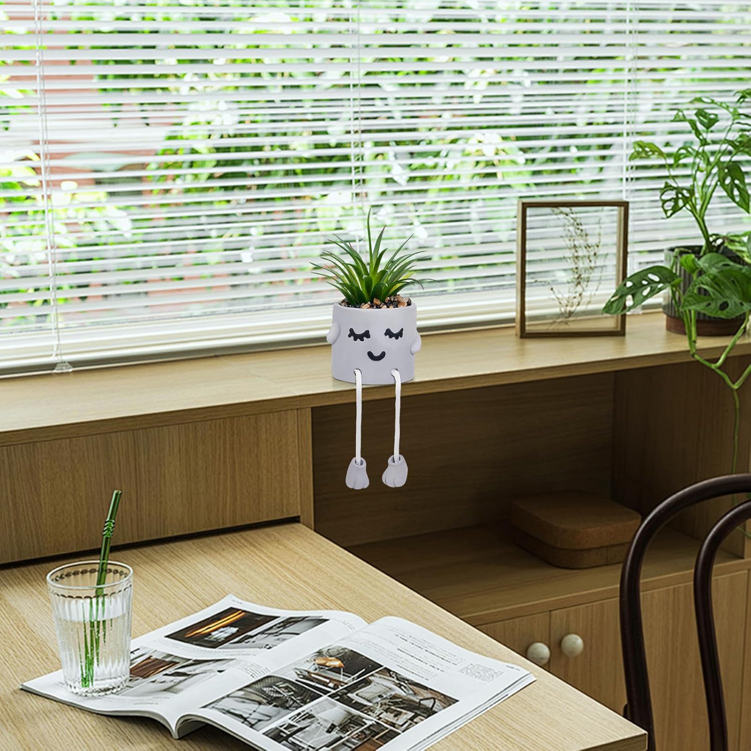 Cute Artificial Succulents Plants in Cement Pots with Hanging Legs - Small Fakeplants Kitchen Shelves Decor, Bathroom Shelf Decoration, Shelf Decoration Accents, Office Wall Decor - Set of 1
