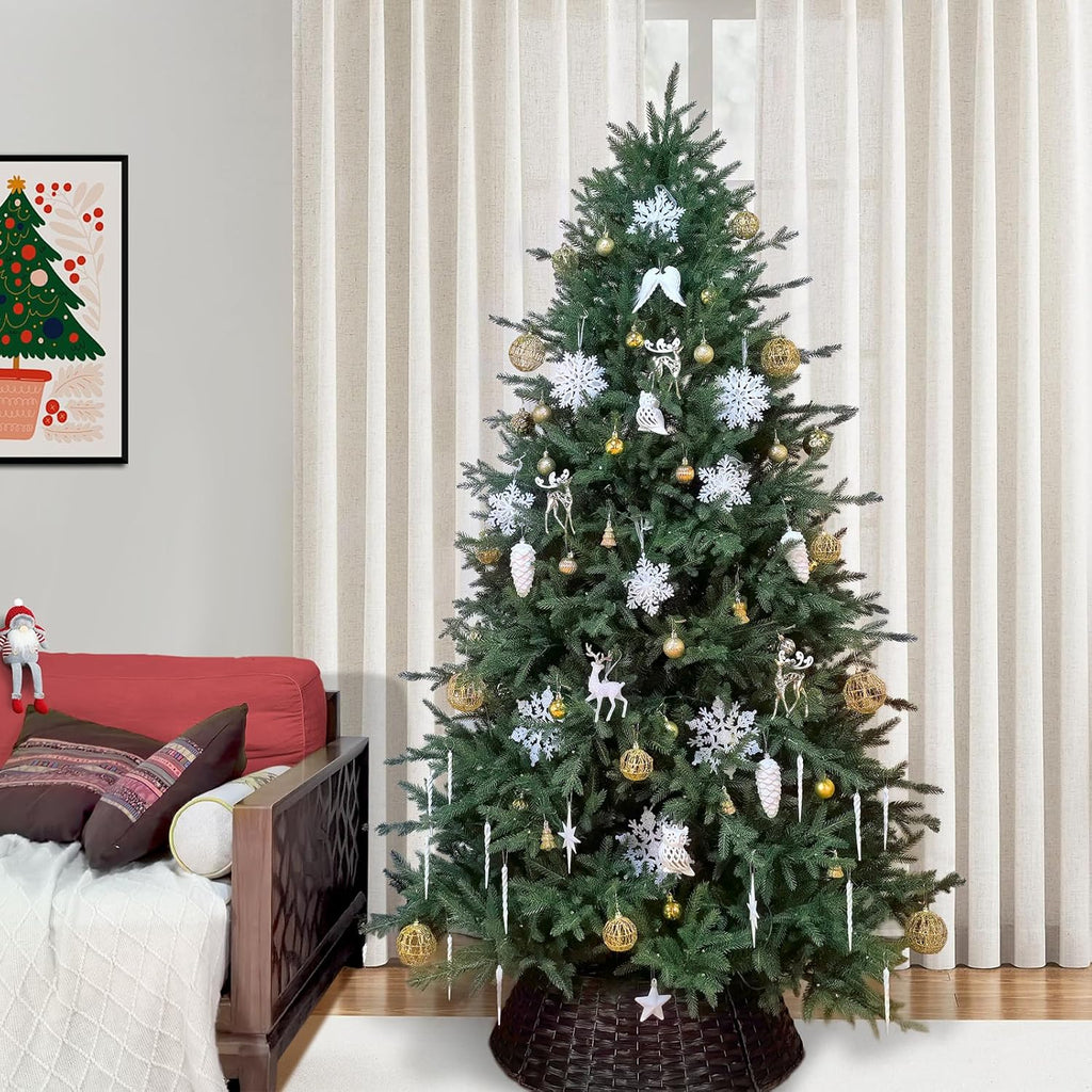7ft Artificial Christmas Tree with 4369 PE Needles, More Realitic, Unlit Premium Spruce Fake Xmas Trees, Green, Hinged Branches, Foldable Metal Stand