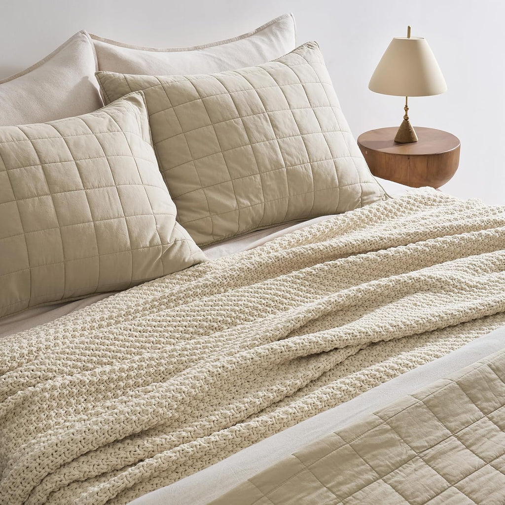 EVERGRACEHOME Chunky Chenille Knit Throw Blanket for Couch, Soft Luxurious Oversized King Moss Stitch Blanket for Bed, Large Cozy Farmhouse Knitted Throw for Sofa, Beige, 92" x 108"
