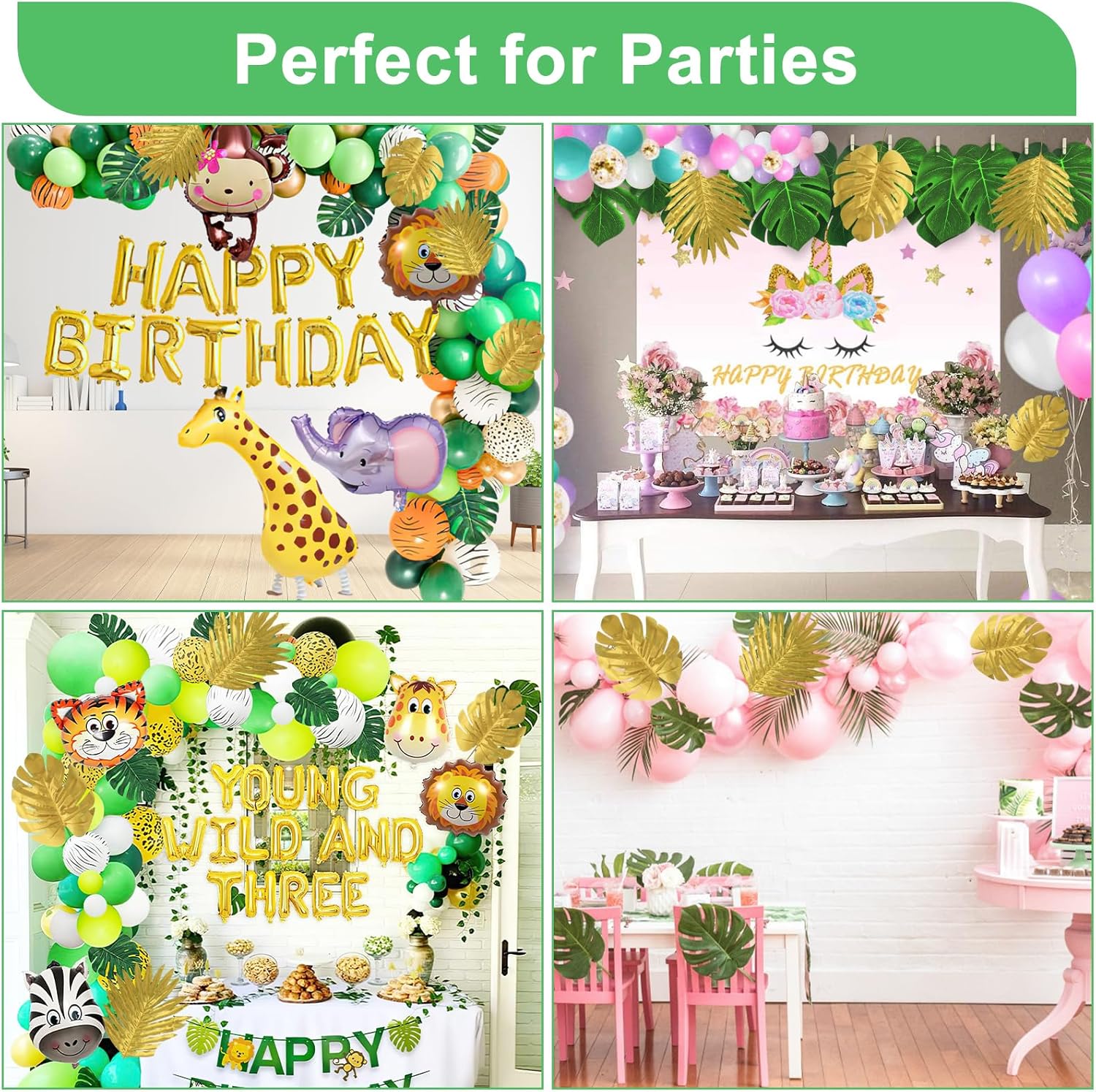 84 Pieces 10 Kinds Artificial Tropical Palm Leaves Safari Jungle Leaves with Stems Golden Leaf Decorations for Hawaiian Luau Party Beach Baby Shower Birthday Theme Table Wedding Decorations