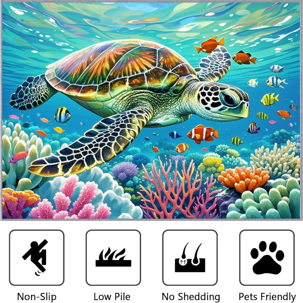 Coastal Sea Turtle Area Rug 5x7ft Beach Theme Ocean Non-Slip Rug Washable Decorative Living Room Bedroom Floor Rug, Blue Green
