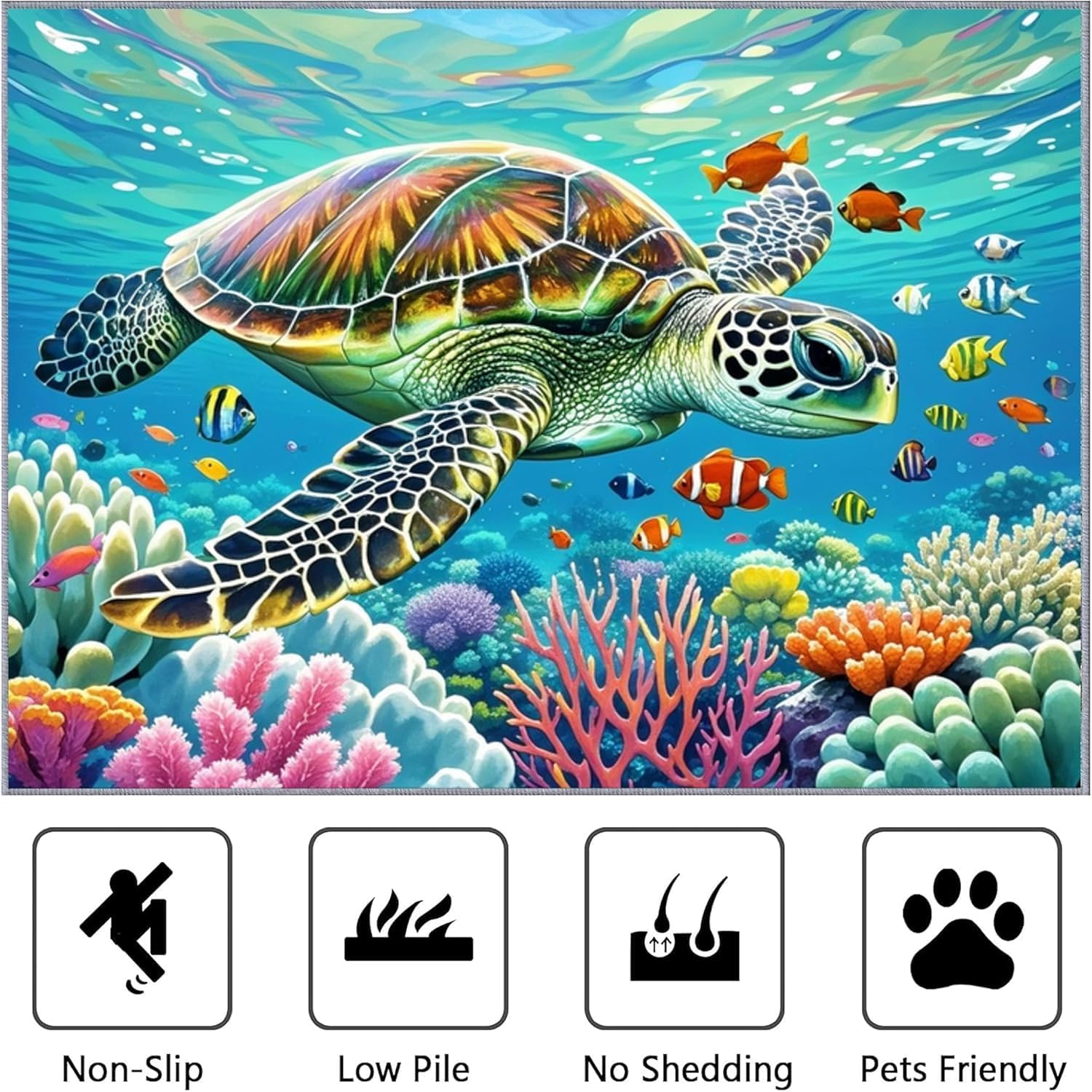 Coastal Sea Turtle Area Rug 4x6ft Beach Theme Ocean Non-Slip Rug Washable Decorative Living Room Bedroom Floor Rug, Blue Green