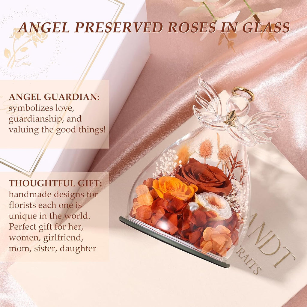 Gifts for Women Birthday Preserved Rose Forever Flower in Glass Angel Figurines Fresh Flowers for Delivery Prime for Mom Real Orange Roses for Grandma Sister Wife Her from Daughter