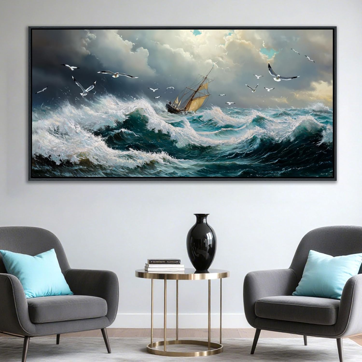YDYSUNE Ocean Wall Art - Retro Canvas painting Sailboat Wall Decor Textured Picture Artwork Nautical Adventurer Painting Coastal Art Framed for Living Room Bedroom Home 29x58inch