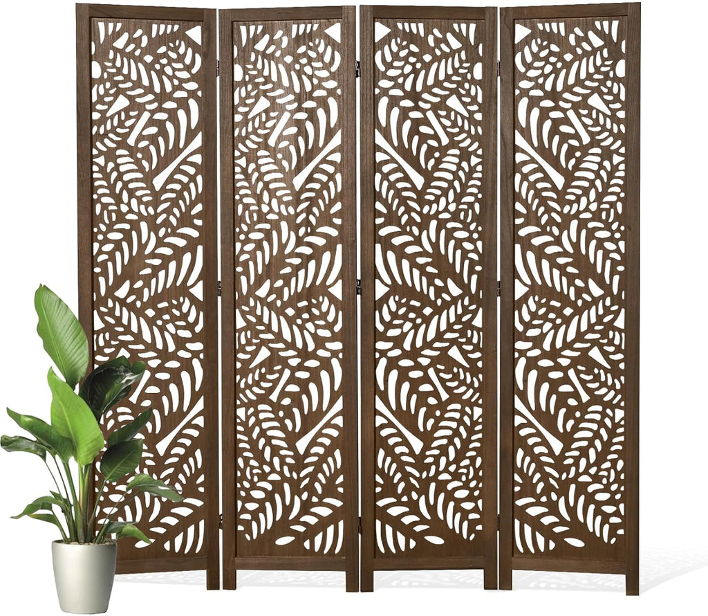 Leaf-Carved Room Divider Privacy Screen - 67 Inch Tall Foading Decorative Wood Screen Dividers Panel for Home - Natural Wood Room Partitions for Enhanced Privacy and Style Brown 4 Panel
