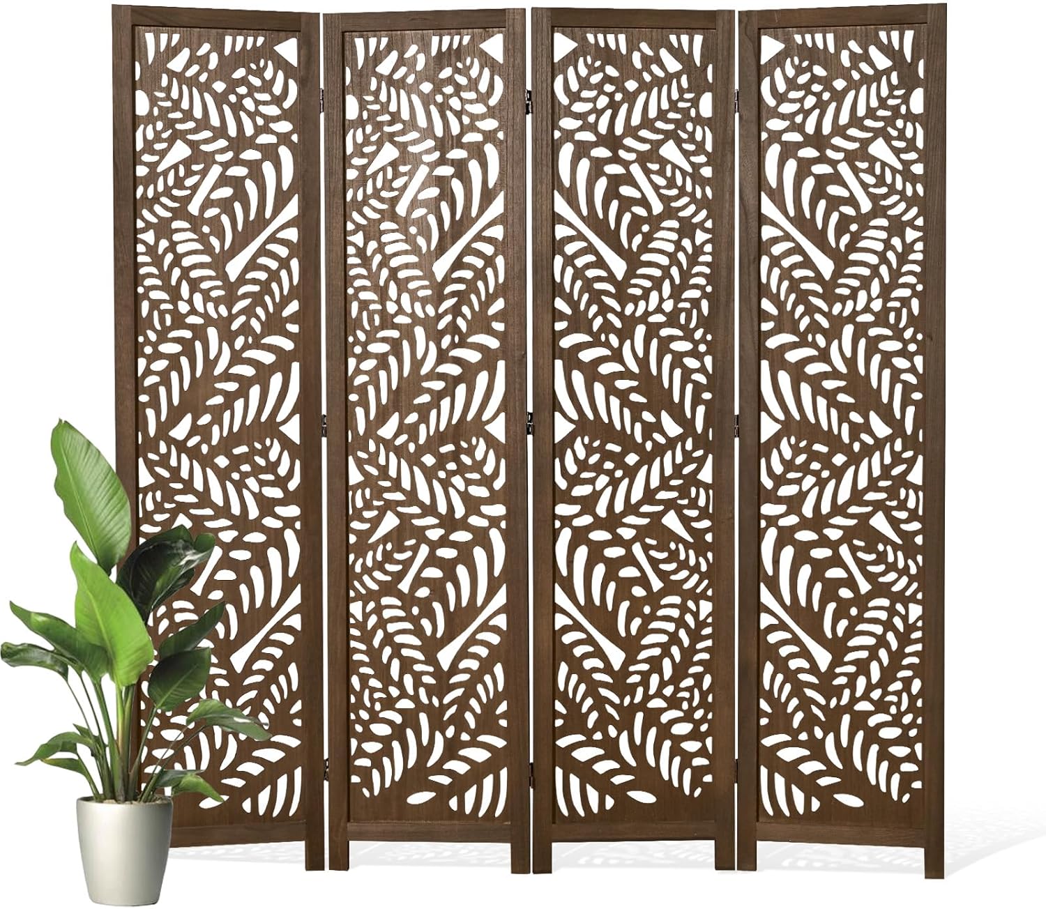 Leaf-Carved Room Divider Privacy Screen - 67 Inch Tall Foading Decorative Wood Screen Dividers Panel for Home - Natural Wood Room Partitions for Enhanced Privacy and Style Brown 4 Panel