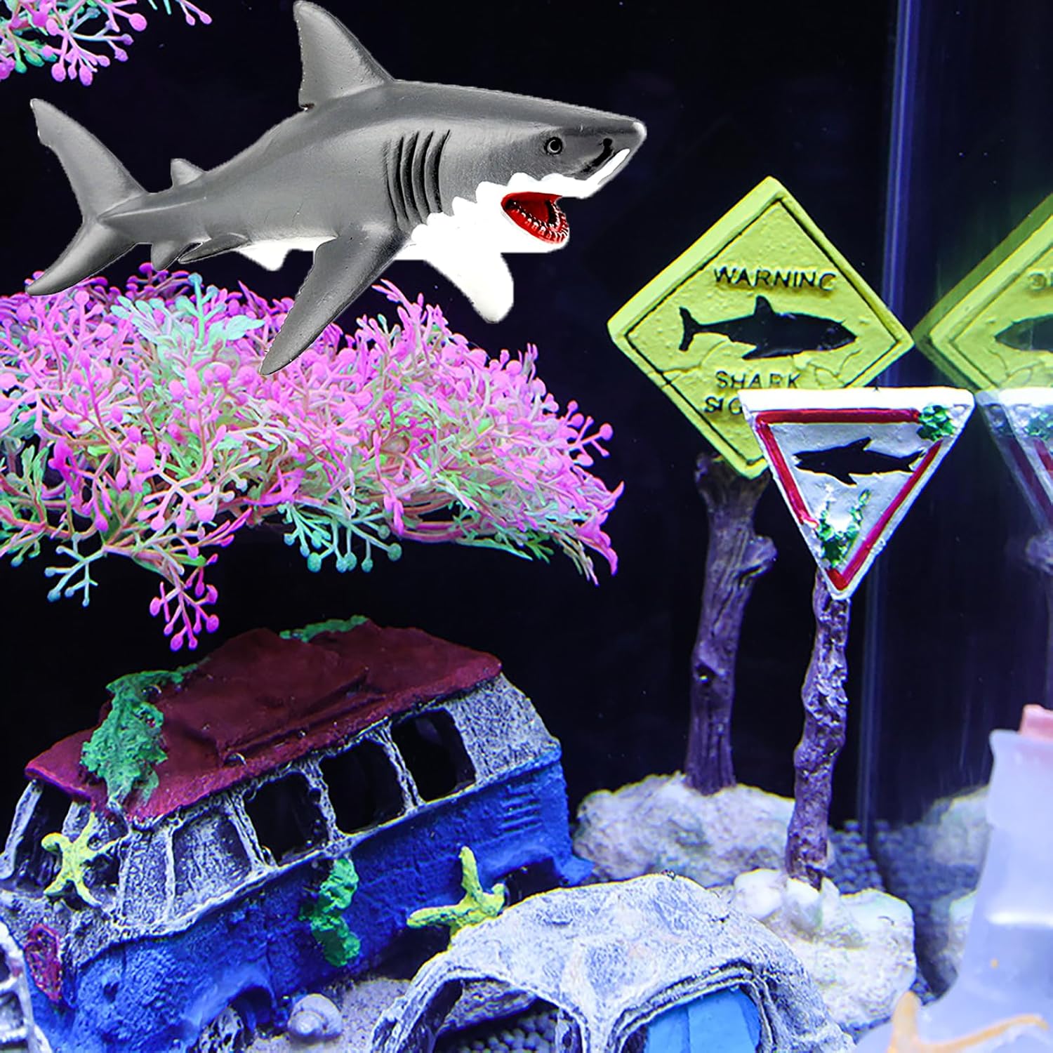 Aquarium Shark Décor Set - Floating Great White Shark with Shark Warning Sign for Fish Tanks - Decorative Accessories for Aquariums (Caution - Shark Crossing)
