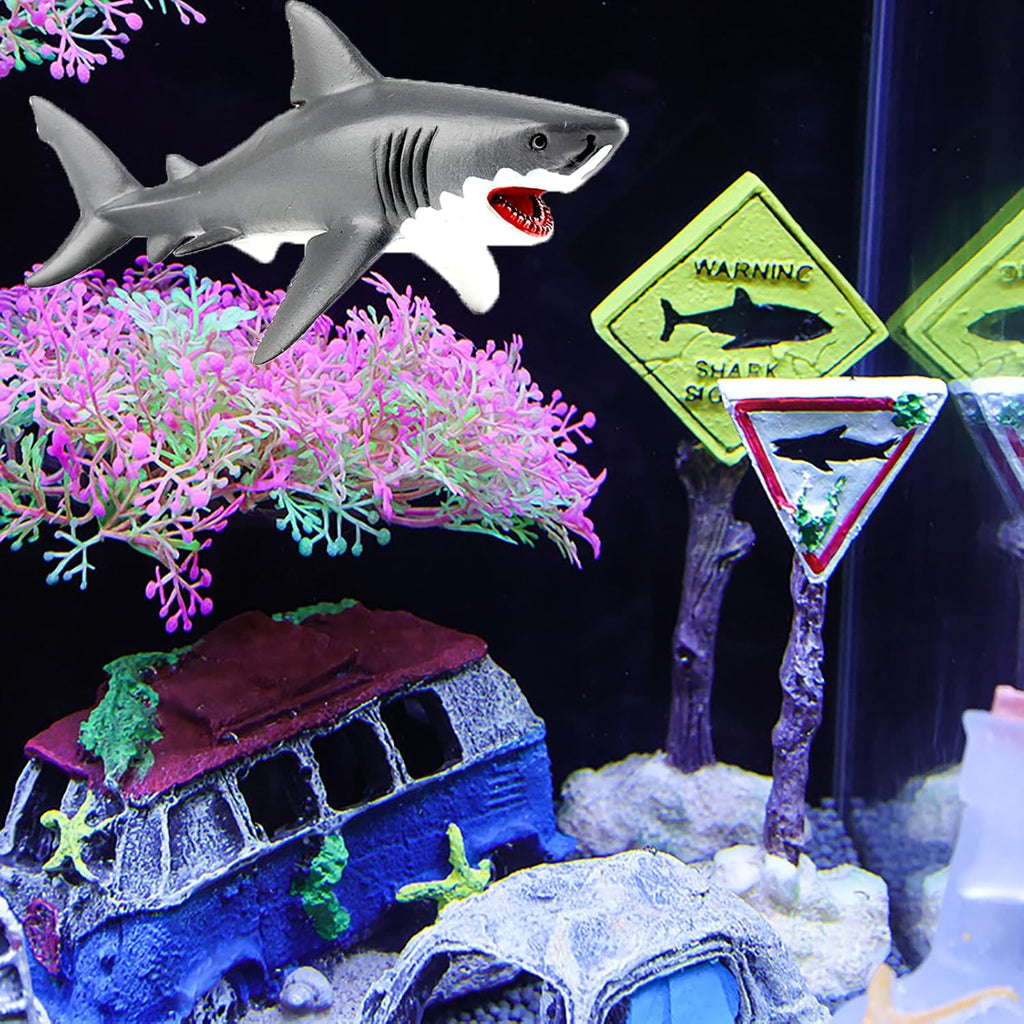 Aquarium Shark Décor Set - Floating Great White Shark with Shark Warning Sign for Fish Tanks - Decorative Accessories for Aquariums (Shark Sighted)