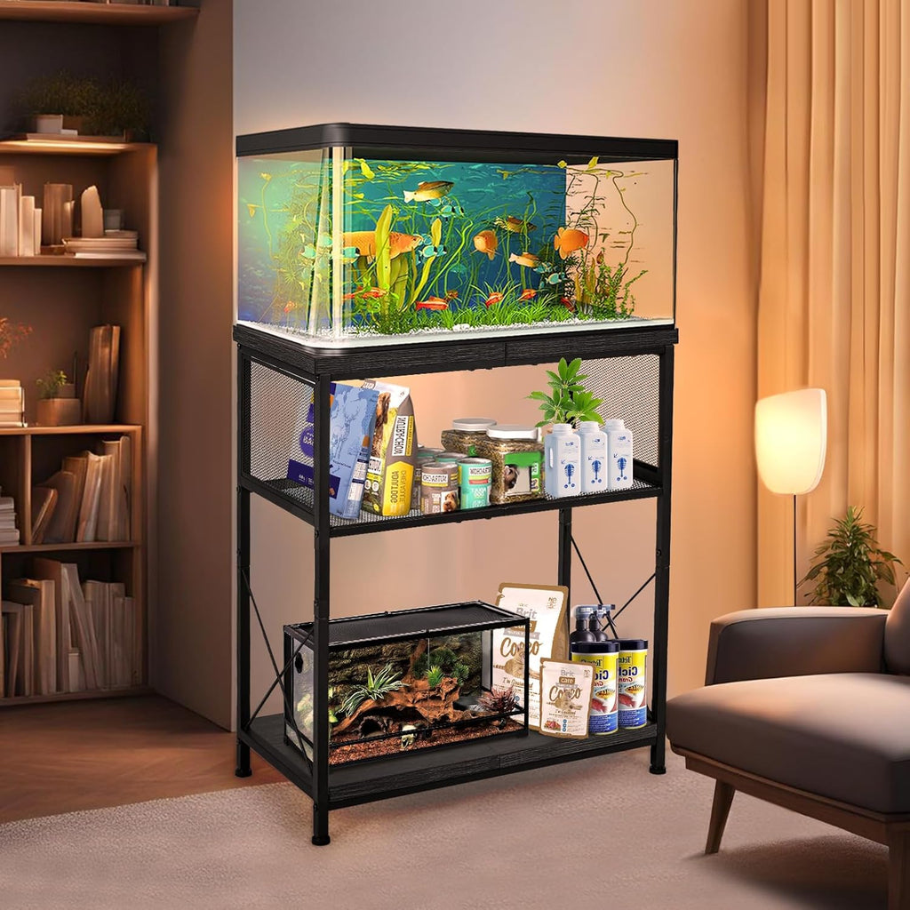 LALA IKAI Fish Tank Stand, 10-20 Gallon Metal Aquarium Stand Table with 2 Tiers Storage Shelf, 4-Leg Reptile Tank Stand, Black