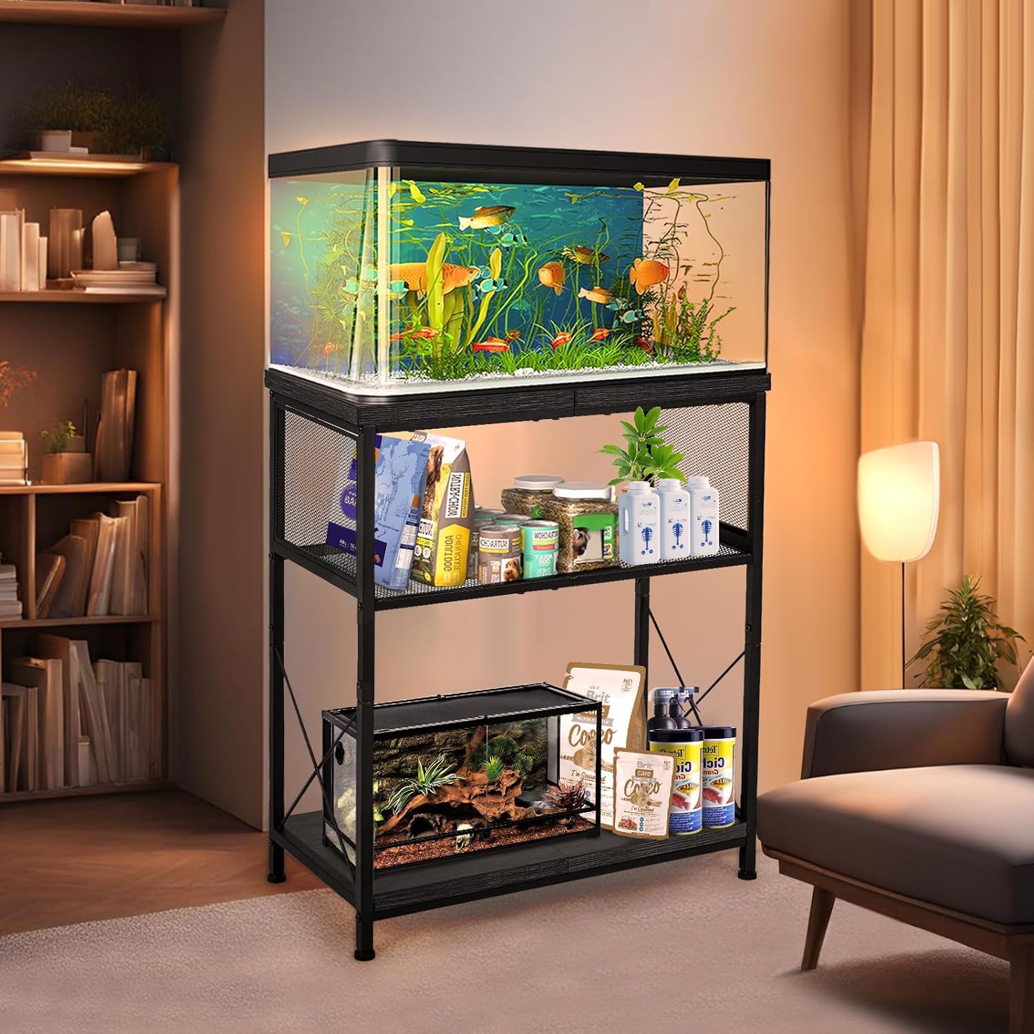LALA IKAI Fish Tank Stand, 10-20 Gallon Metal Aquarium Stand Table with 2 Tiers Storage Shelf, 4-Leg Reptile Tank Stand, Black