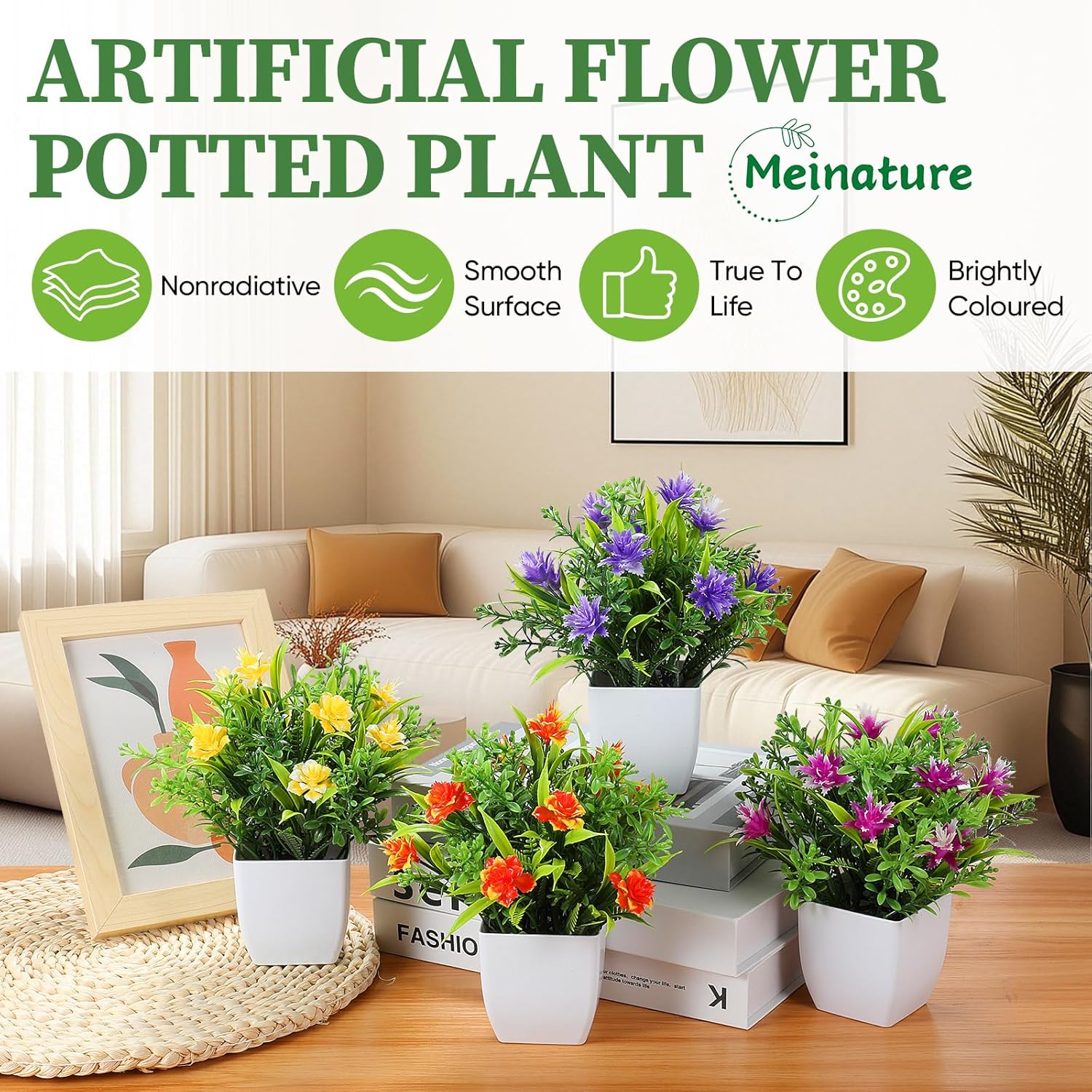 Fake Plants 4 Packs, Small Artificial Plants with Flowers, Black Faux Plants for Bathroom, Office, Home, Conference Table Decor, Indoor Desk Decor for Library, Restaurant
