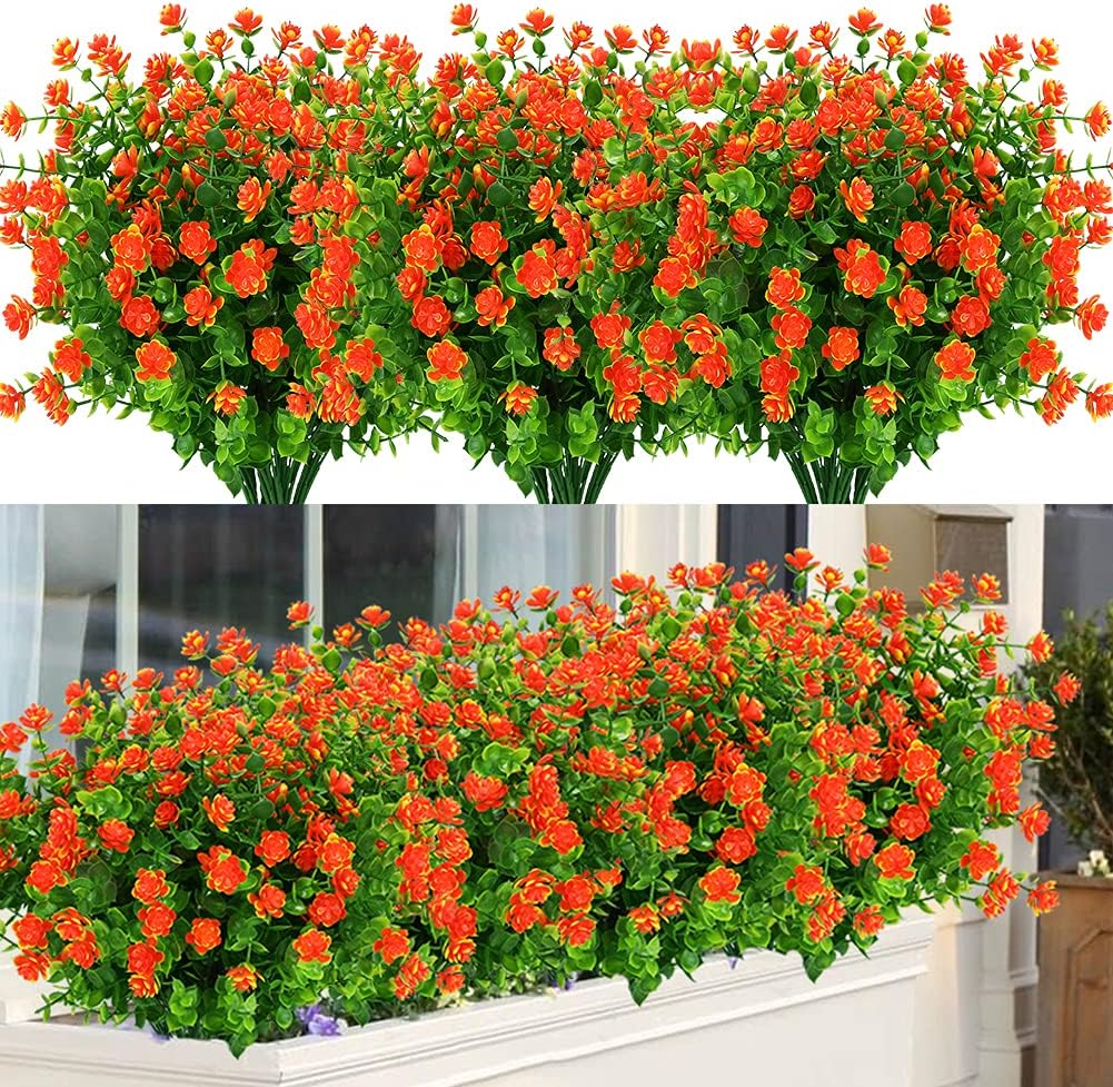 6 Bundles Outdoor Artificial Flowers UV Resistant Fake Boxwood Plants, Faux Greenery for Indoor Outside Hanging Plants Garden Porch Window Box Home Wedding Farmhouse Decor (Orange Red)