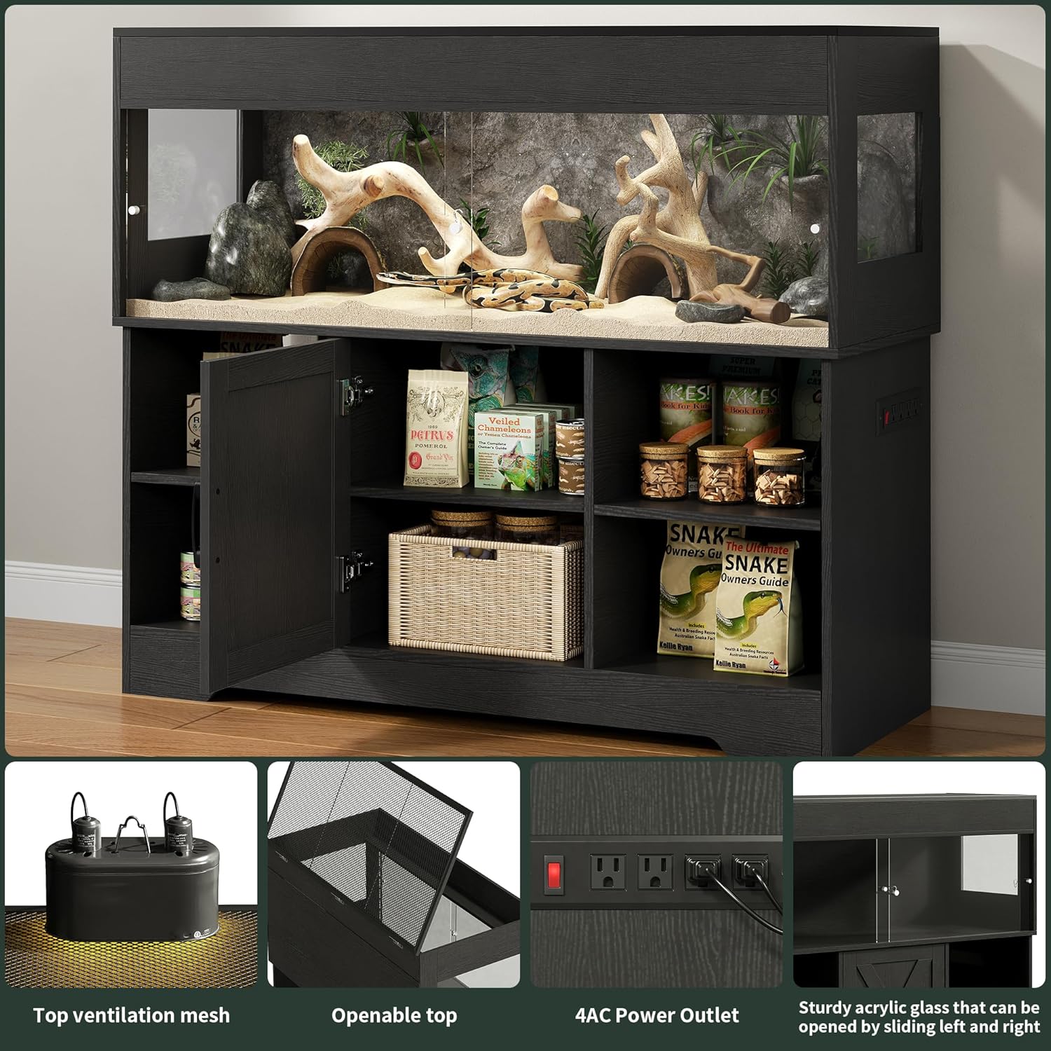 60 Gallon Reptile Tank with Stand, Terrarium Tank with Storage Cabinet, for Lizards, Skinks, Snakes, Sliding Acrylic Doors, Mesh Top, Built-in Power Outlet Black PX02RTB