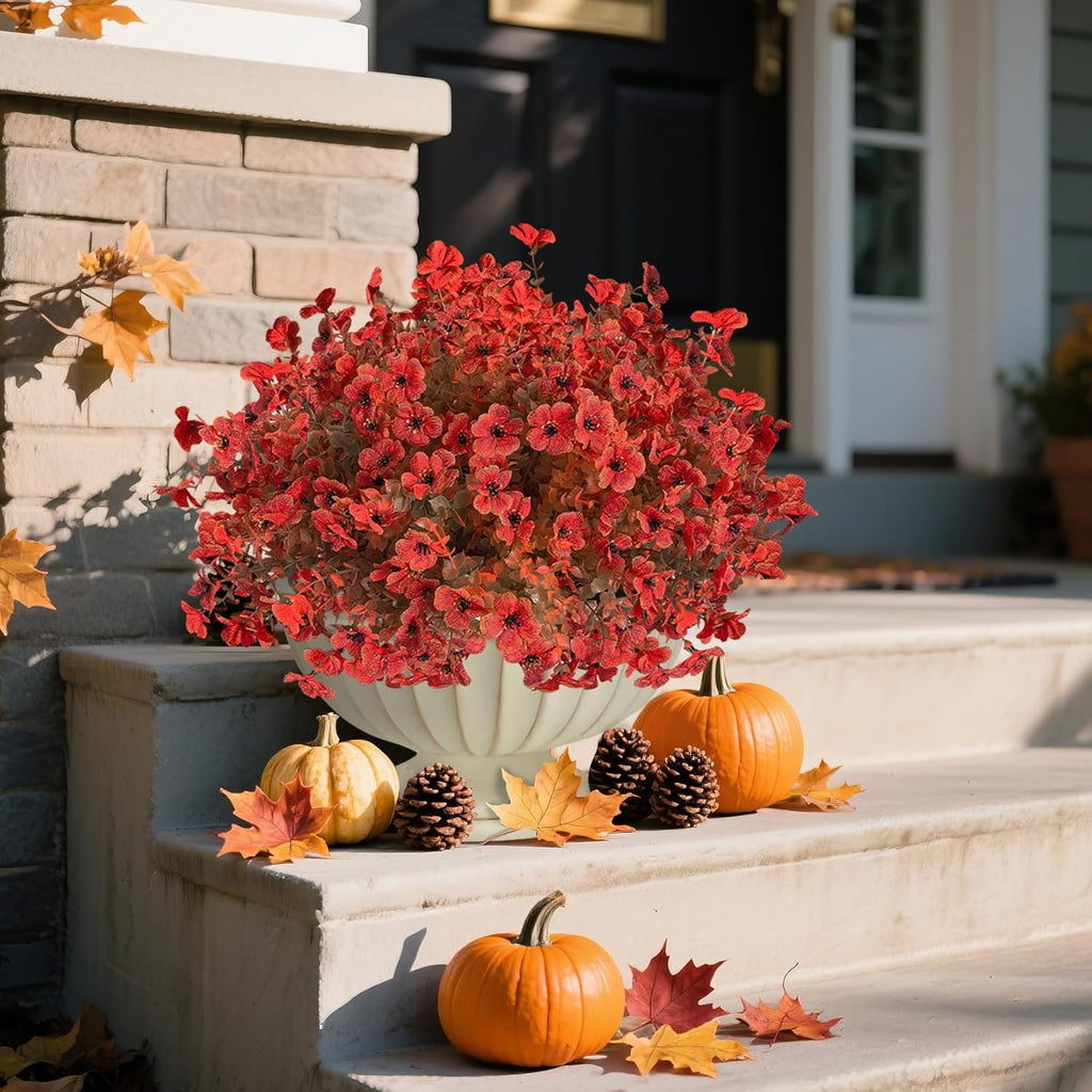 Artificial Fall Flowers Faux Mums for Outdoor Indoor Garden Home Decoration, Faux Flower Daisy with Eucalyptus Leaves Fake Mums Plants Greenery Boxwood Porch Patio, 12 Bundles