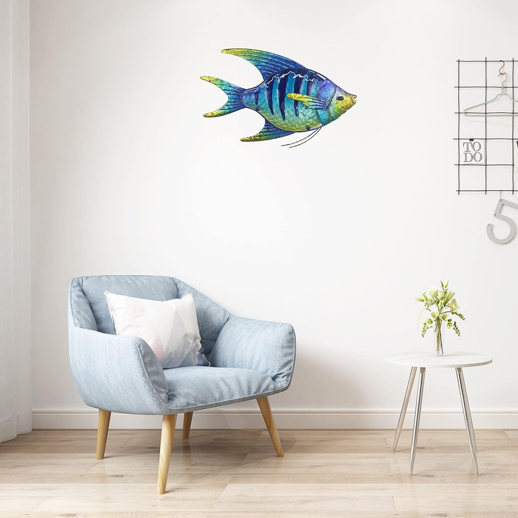 JOYBee 16.25Inch Large Metal Fish Wall Art Décor -Christmas Decorations-Perfect for Coastal，Nautical，Beach Or Boat-Decorations for Indoor Outdoor Kitchen Bathroom Patio Pool or Porch(Blue)