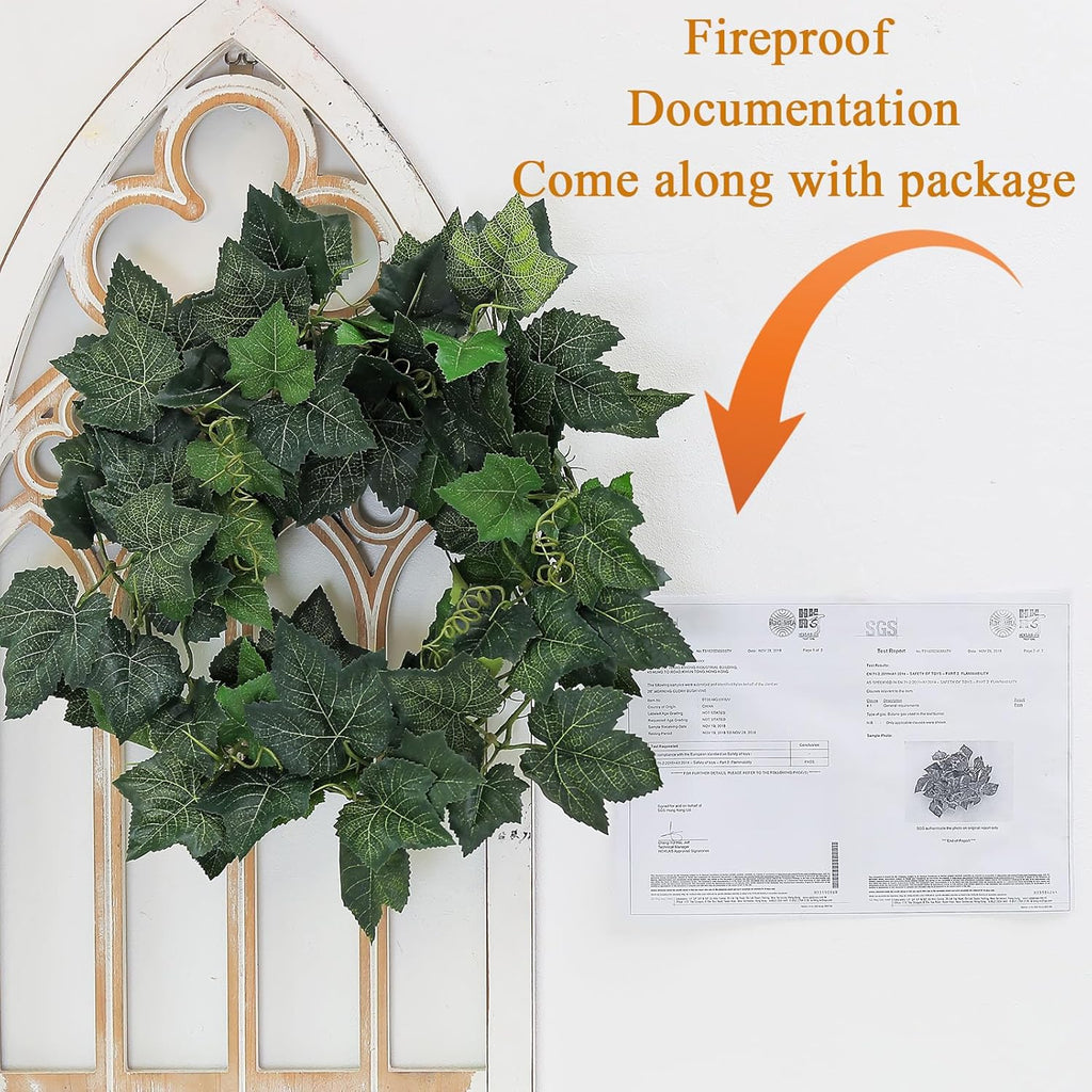 2Pcs 157inch Fireproof Fake Grape Vines Artificial Leaves Garland Bendable Ivy Greenery Branches Realistic Plants for Mantle Trellis Green Wall Hanging Outdoor Garden Bedroom Mantel Decorating