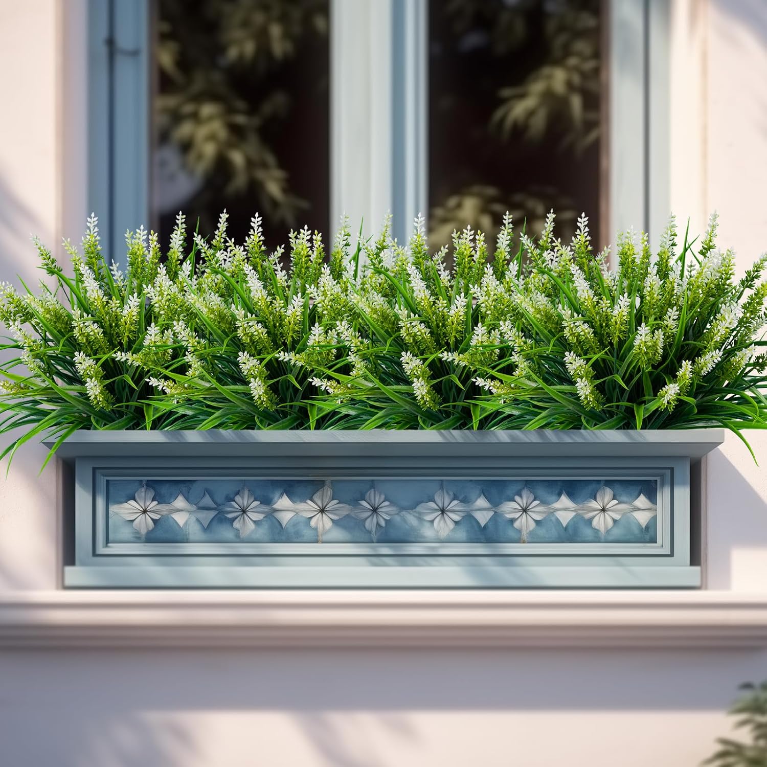 Artificial Flowers for Outdoor Plants 24 Bundles Fake Lavender Plastic Faux Monkey Grass for Verandah Window Garden Office Patio Front Porch UV Resistant for Planter(White)
