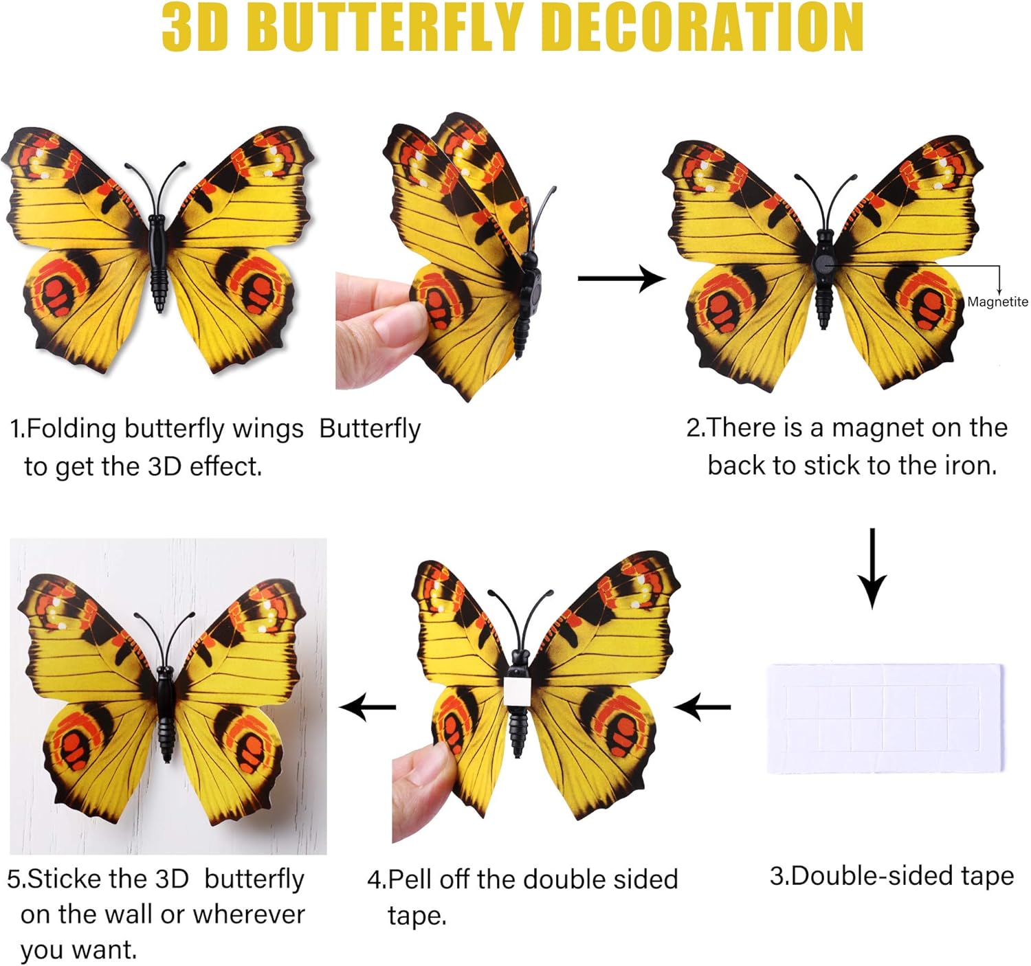LiveGallery 72 PCS Yellow Removable 3D DIY Beautiful Butterfly Wall Decals Colorful Butterflies Art Decor Wall Stickers Murals for Kids Baby Boy Girls Bedroom Classroom Offices (Yellow)