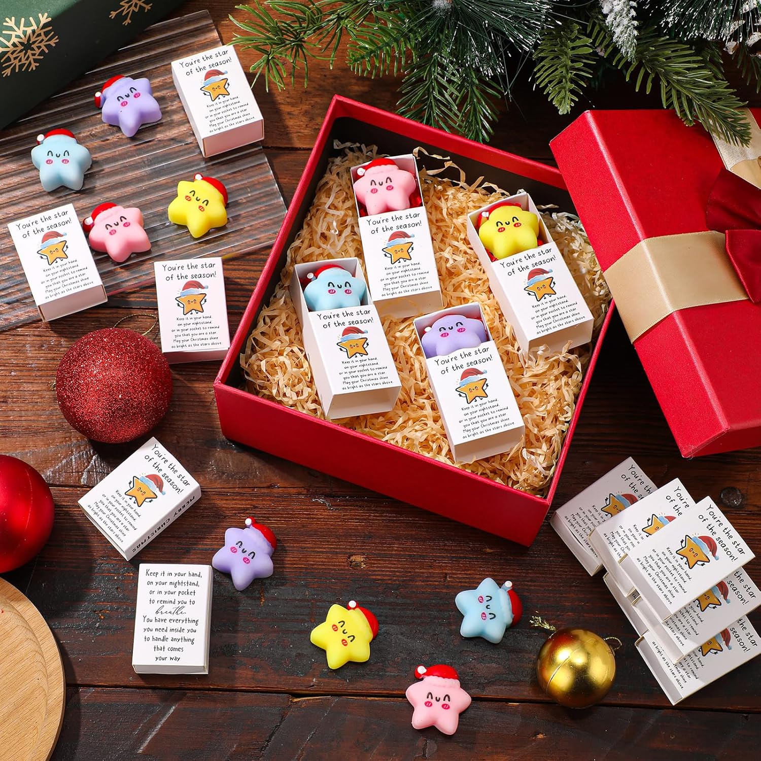 Wettarn 24 Sets Christmas Party Favors Star Stress Balls with Merry Christmas Boxes Bulk Appreciation Gifts for Employee Coworker Friends Office School Relief Toys Stocking Stuffers