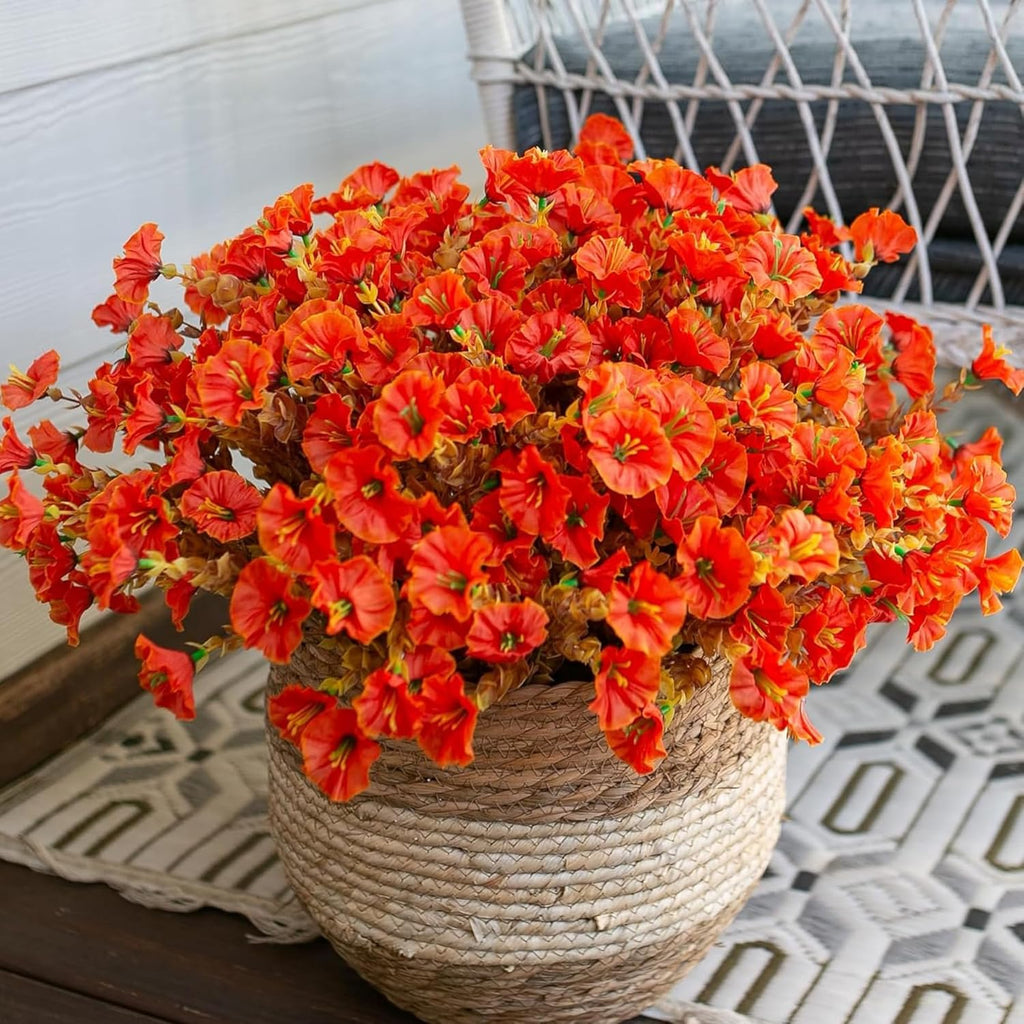 Artificial Outdoor Flowers 16 Bundles Fake Morning Glory Flower Outdoor UV Resistant Plastic Faux Flowers Plants for Decoration Indoor Outdoor Hanging Window Box Planter Home Porch Decor (Fall Orange)