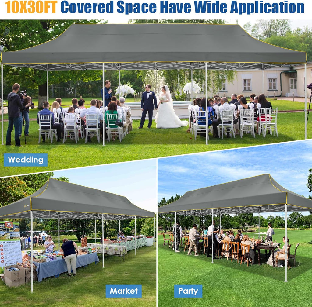 HOTEEL 10x30 Pop up Canopy Tent for Parties, Heavy Duty Easy Setup Tent Without Sidewalls, Outdoor Commercial Instant Gazebo for Wedding Event, with Portable Bag, Grey(Hexagonal Frame)