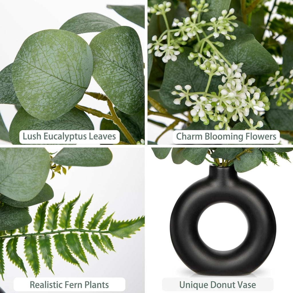 Artificial Eucalyptus Stems in Ceramic Vase 14.23" Fake Eucalyptus Plant Decor Black Donut Vase with Greenery Centerpiece Table Decorations Small Faux Green Plant for Home Farmhouse Wedding Table