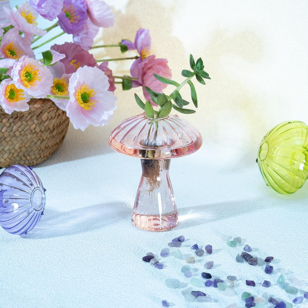 6 Pcs Colored Mushroom Glass Propagation Vases for Plants, Hydroponic Bud Vase Plant Propagation Stations Decor, Glass Terrariums for Indoor Plants, Cute Mushroom Vase Gifts for Women Office Decor