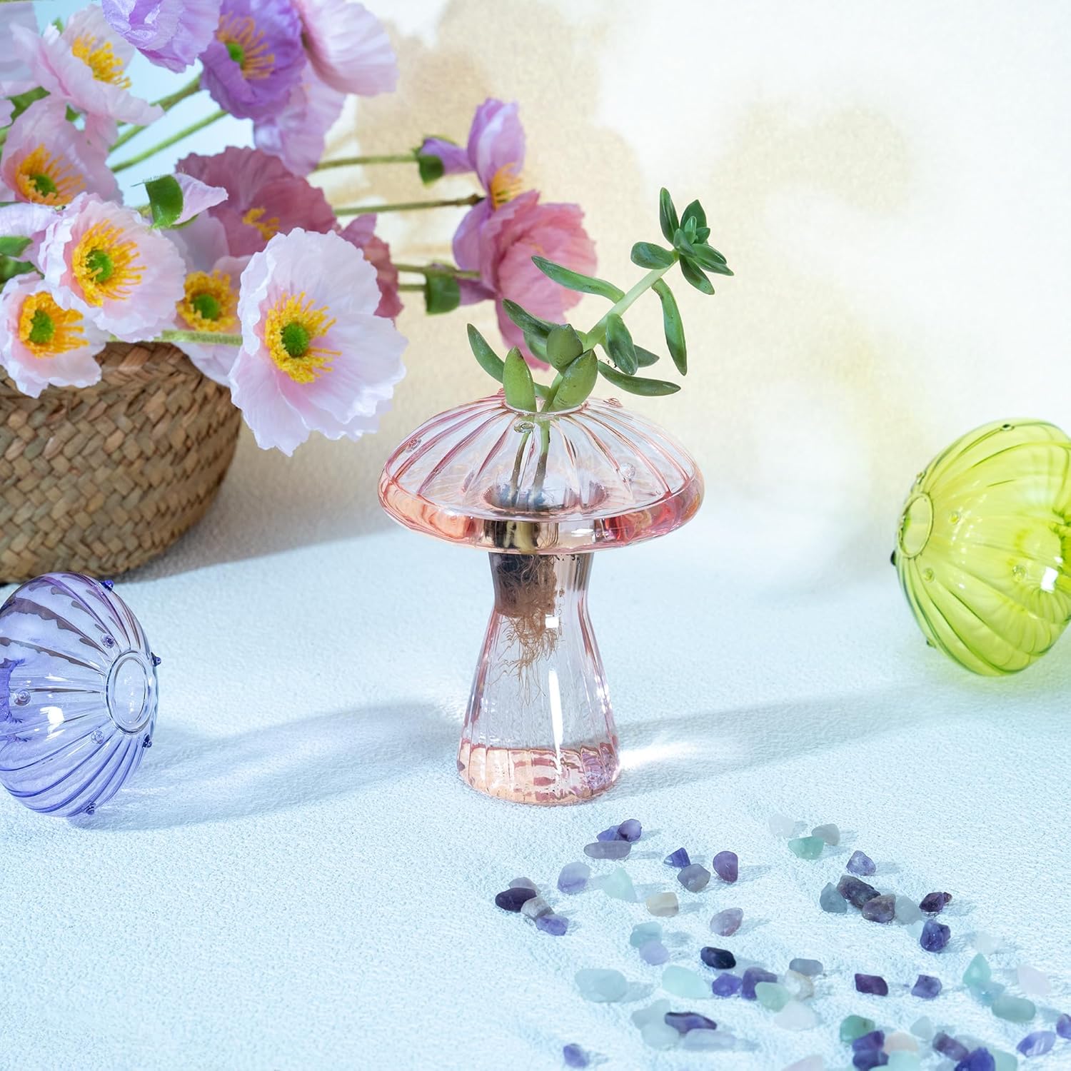 6 Pcs Colored Mushroom Glass Propagation Vases for Plants, Hydroponic Bud Vase Plant Propagation Stations Decor, Glass Terrariums for Indoor Plants, Cute Mushroom Vase Gifts for Women Office Decor