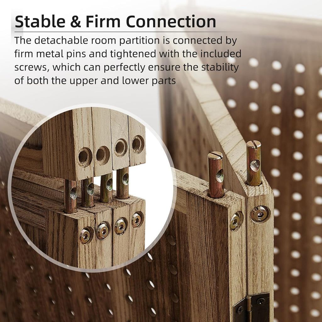 5.6Ft Wood PegBoard Room Divider 4 Panel Detachable Folding Privacy Screen Pegboard Display 33.5" 2in1 Standalone Portable Wall Divider Room Partition for Jewelry, Craft Show, Bedroom-Brown