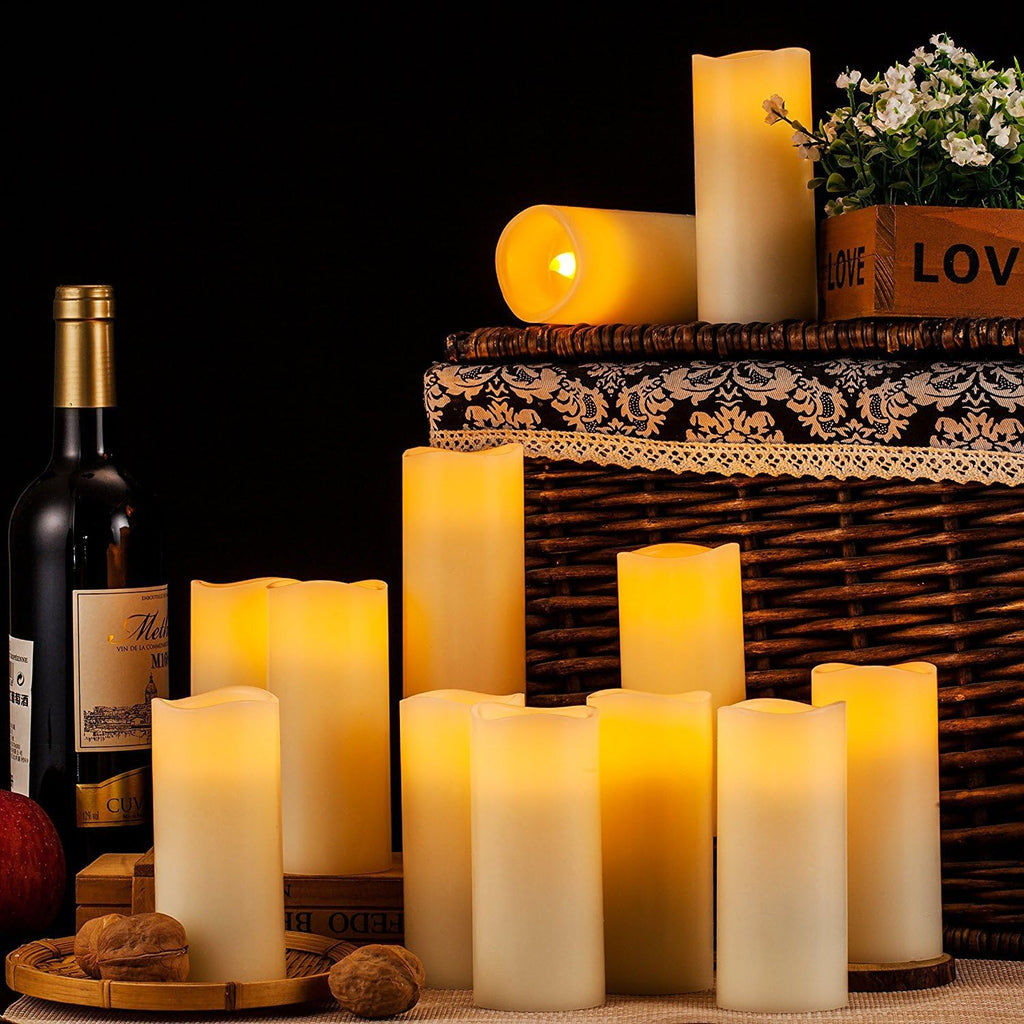 Flameless Candles Flickering LED Candles Set of 12 (D:2.2" X H:5") Ivory Real Wax Pillar Battery Opeated Candles with 10-Key Remote and Cycling 24 Hours Timer