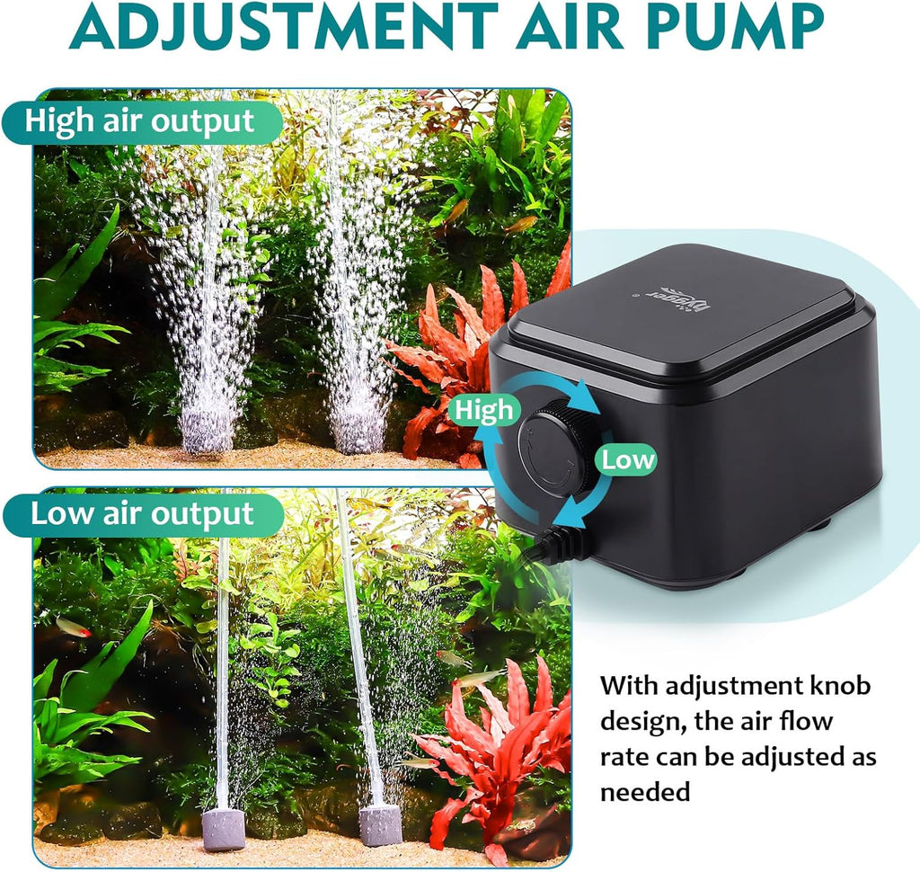 hygger Quietest Aquarium Air Pump, Adjustable Oxygen Pump 2 Air Outlets Ultra Silent Powerful Aerator Pump (3.5W,Up to 120Gallon)