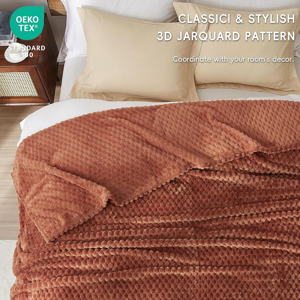 PHF Ultra Soft Flannel Fleece Blanket King Size, Lightweight 3D Jacquard Fleece Blanket, No Shedding, No Pilling, Luxury 340GSM Aesthetic Fluffy Cozy for Bed Room Decor, 108"x90", Burnt Umber