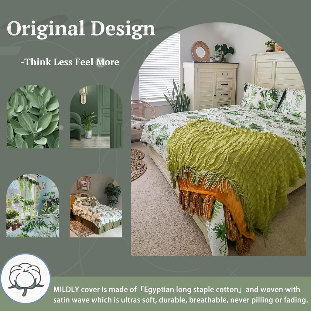 MILDLY 100% Long-Staple Cotton Duvet Cover Set Green Palm Leaf Pattern Printed Comforter Cover 3pcs, Ultra Soft & Breathable Bedding Set