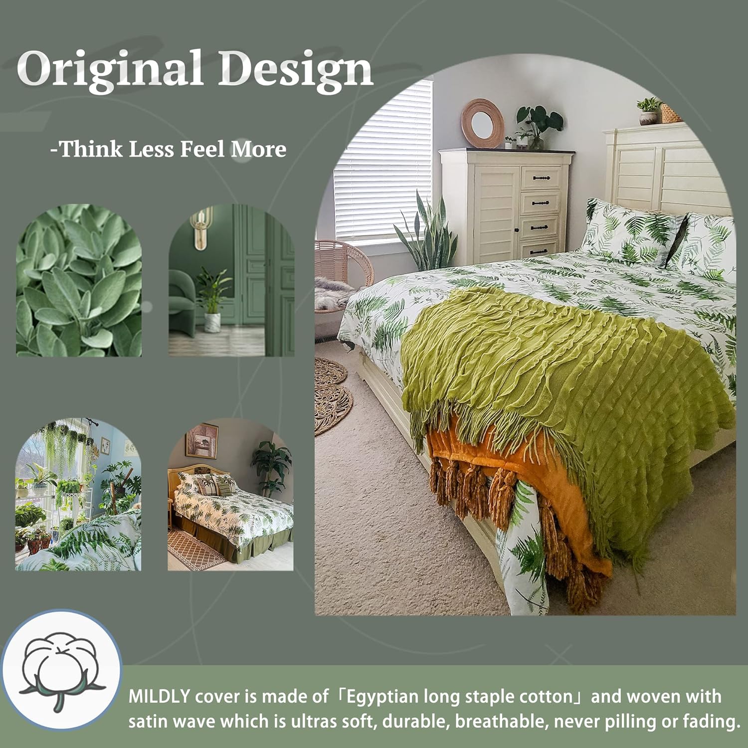 MILDLY 100% Long-Staple Cotton Duvet Cover Set Green Palm Leaf Pattern Printed Comforter Cover 3pcs, Ultra Soft & Breathable Bedding Set