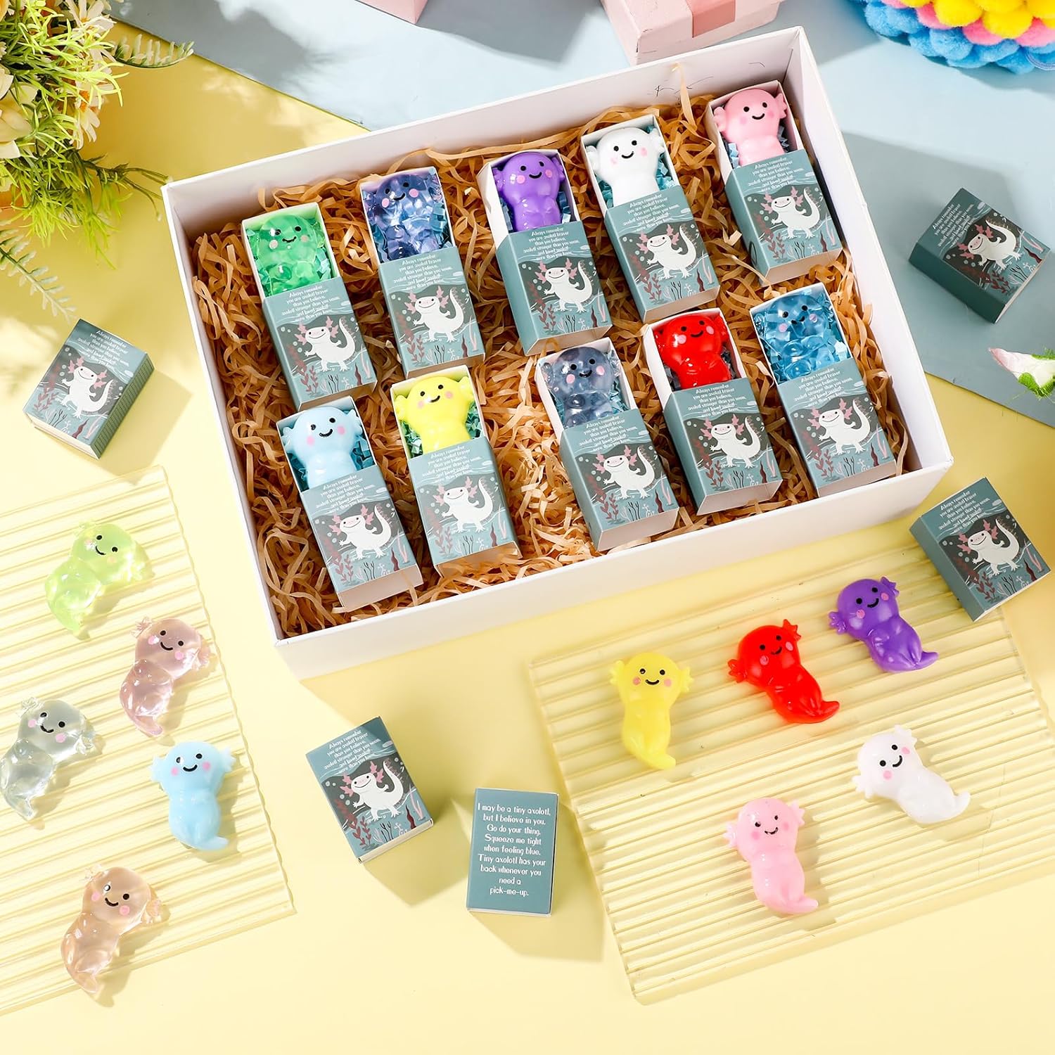 Wettarn 20 Sets Axolotl Positive Gifts Cute Stress Balls with Support Gift Boxes Inspirational Party Favors for Employee Coworker Friends Office Appreciation Relief Toys
