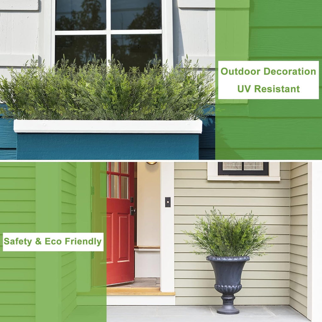 Artificial Outdoor Plants 12 PCS Fake Cedar Plants Plastic Faux Pinetree Stems Greenery Shrubs UV Resistant Colorfast Indoor Outdoor Christmas Home Decor for Windowbox Garden Porch Path