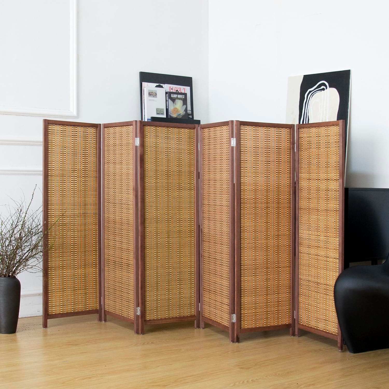 6 Panel Short Panel Divider Screen,3.95 FT Tall Bamboo Room Divider Folding Privacy Screen,Short Panel Divider Freestanding Room Divider for Room Seperation,Brown