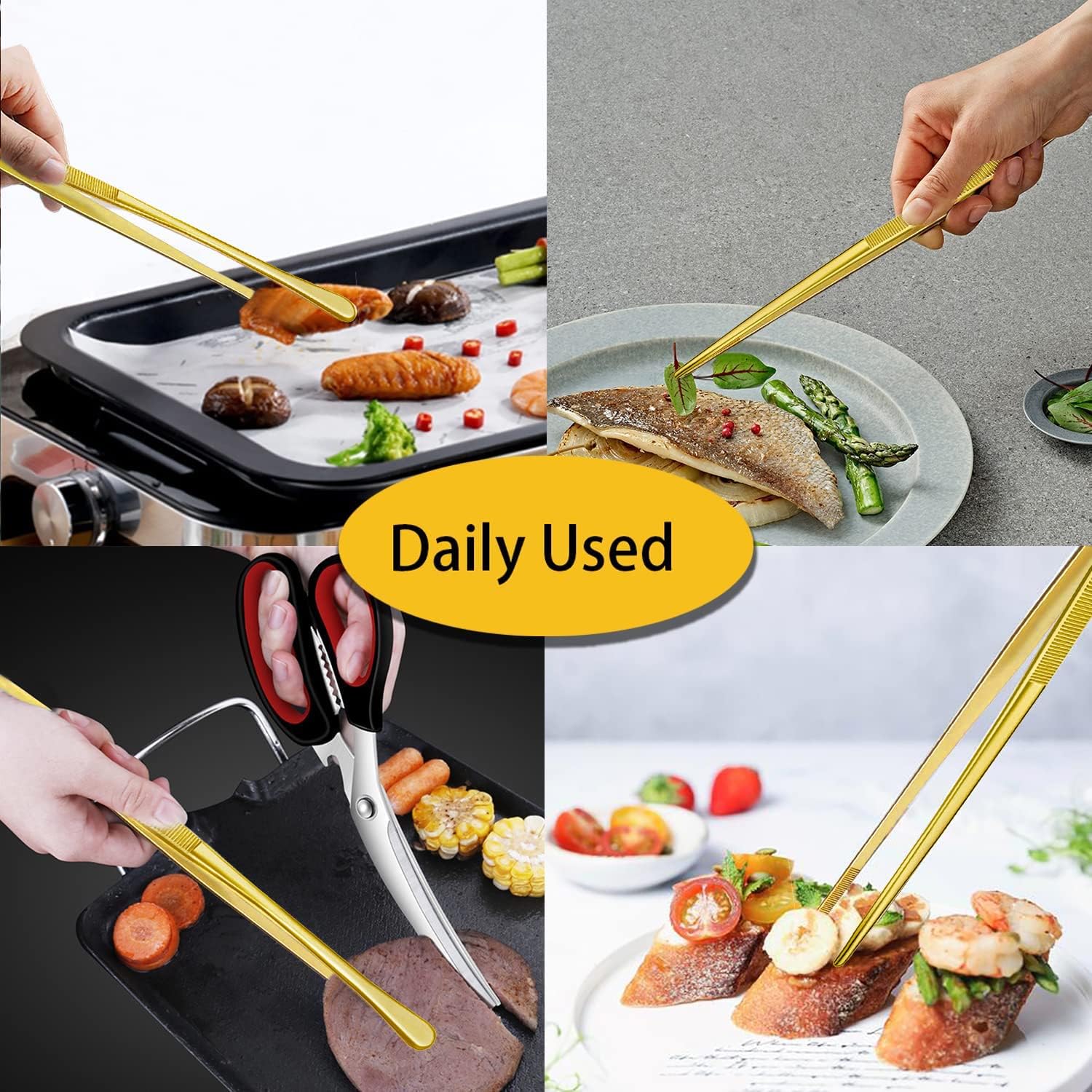 JETKONG 2 Pcs 12-Inch Cooking Tweezers Stainless Steel Food Tweezers Kitchen Tweezer Tongs (Gold)