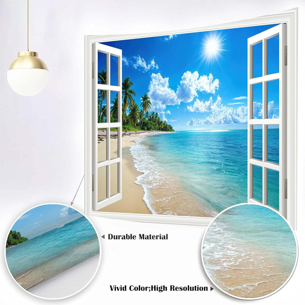 Beach Window Backdrop, Hawaiian Tropical Photo Backdrop, Ocean Island Green Palm Leaves Wedding Birthday Party Backdrop Photo Booth Props, 7X5ft