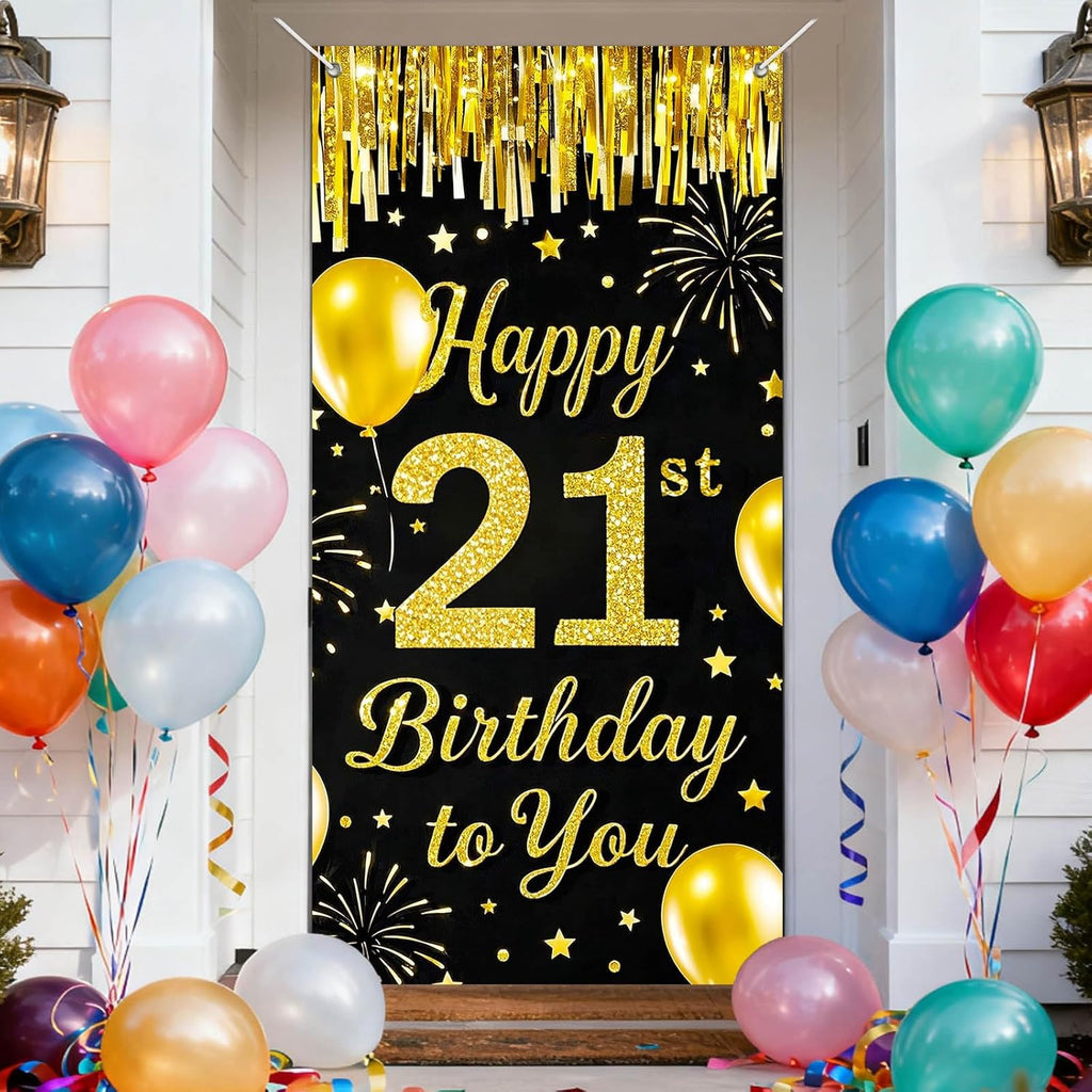 IVN 21st Birthday Door Cover 71x35 Inch Black Gold Birthday Banner for Party Decorations Balloons Stars Fireworks Backdrop Sign for Men Women Photo Booth Prop Wall Decor