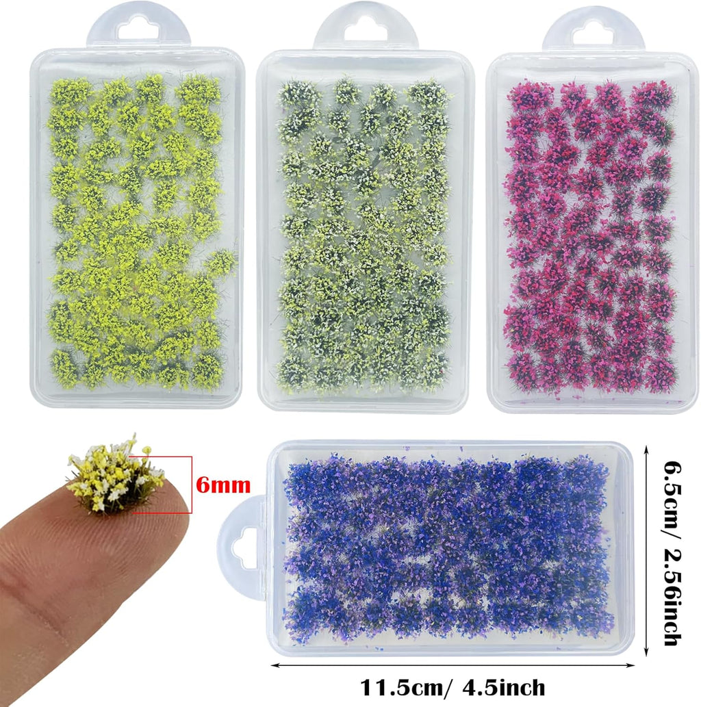 Woohome 4 Pack Miniature Colorful Flower Cluster Self Adhesive Flower Vegetation Groups Static Grass Tufts for Train Landscape Railroad Scenery Sand Military Layout Model
