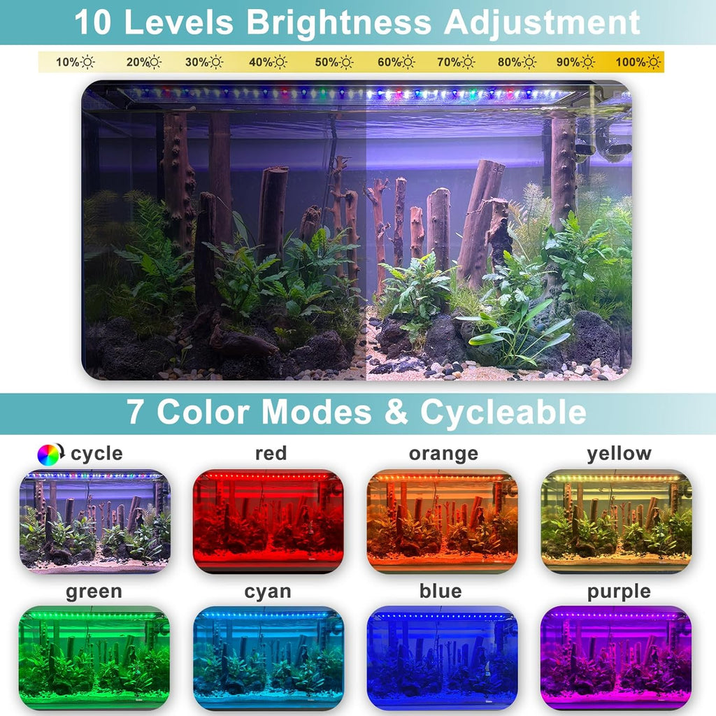 24/7 LED Aquarium Light, IP68 Waterproof Extendable Bracket Fish Tank Light with Timer, 7 Colors, 10 Level Adjustable Brightness, DIY Mode Full Spectrum Aquarium Plant Light for 12-18 Inch Fish Tank