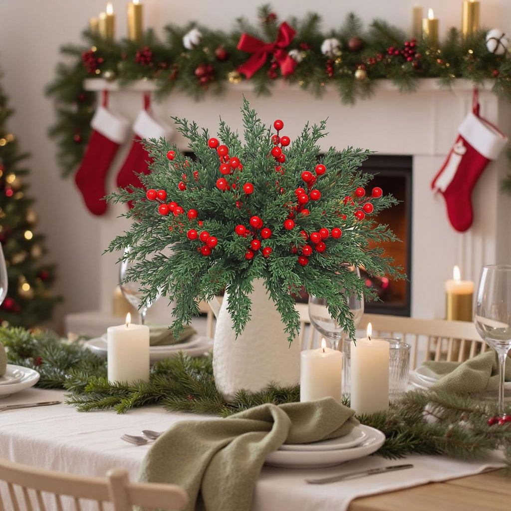 Weldomcor Christmas Artificial Pine Branches 40 Pcs Faux Norfolk Pine Stems with Red Berries, Xmas Fake Greenery Cedar Stems Plants Evergreen Picks DIY Christmas Decorations Holiday Home Table Decor