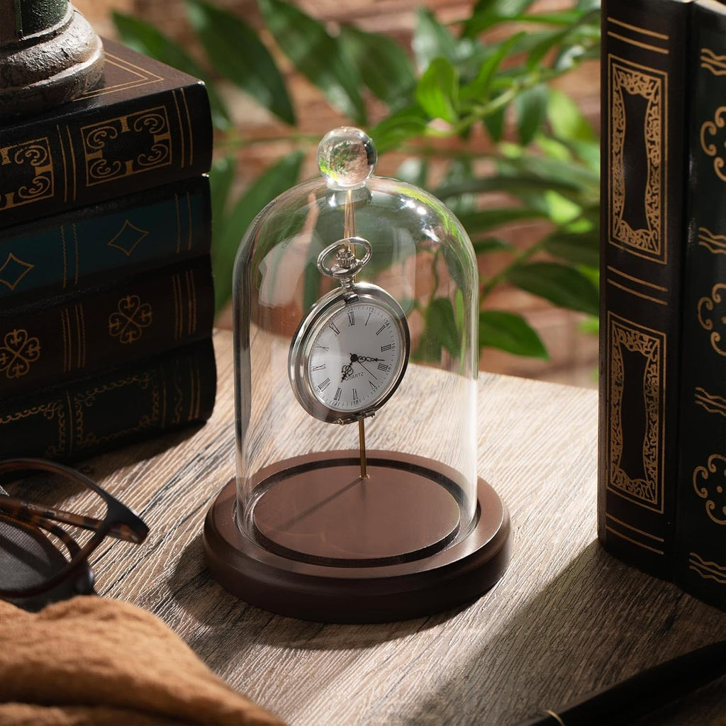 2 Pcs Pocket Watch Glass Display with Hooks Dome Cloche with Wood Base Decorative Dome Showcase for Watch Plants Medals Photos Collectibles Dark MDF Base
