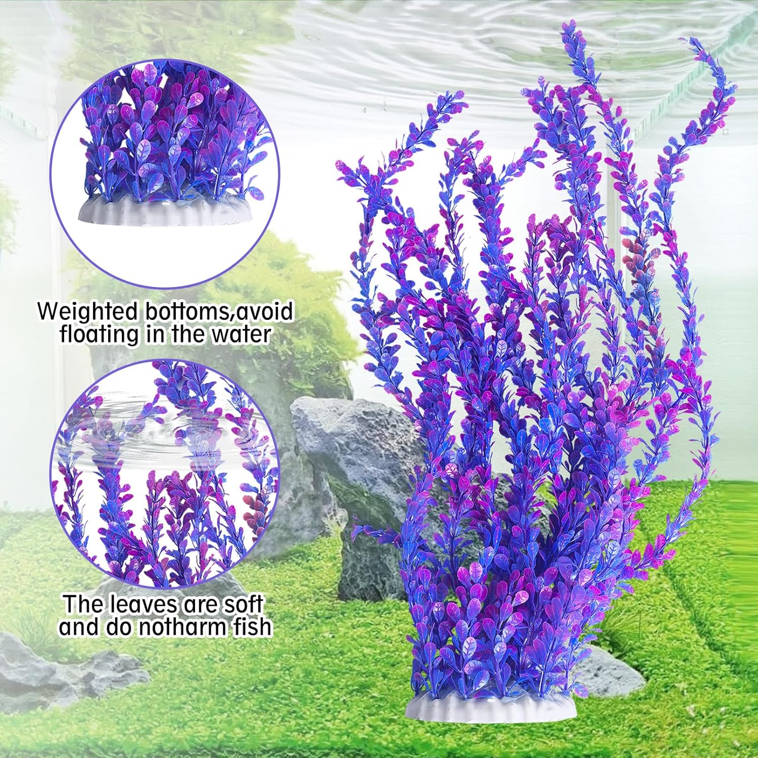 Hamiledyi Aquarium Plastic Plants Aquarium Decor Artificial Fish Tank Plants,Tall Fish Tank Decorations, Extra Large Aquarium Plant 23.6-inch Tall,2PCS（Purple Style B）