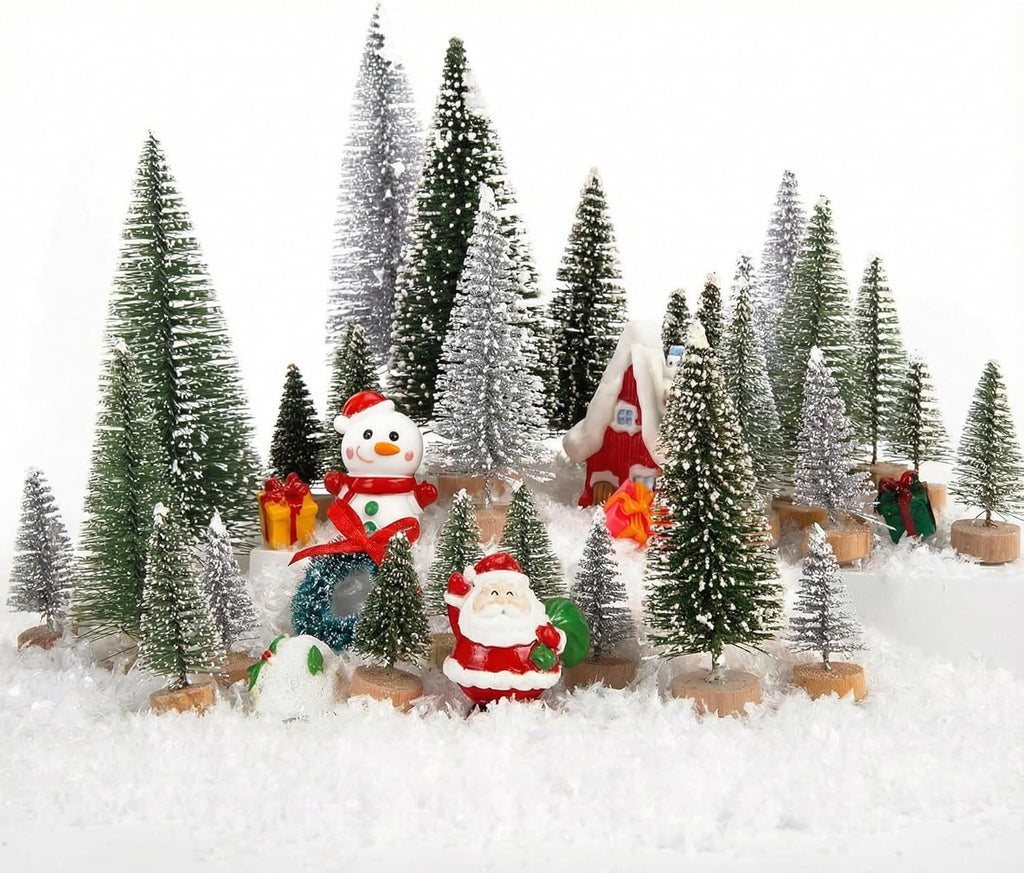 LOVEINUSA 48PCS Mini Bottle Brush Trees and Resin Miniatures for Tabletop Decor - Winter Ornaments and DIY Crafts